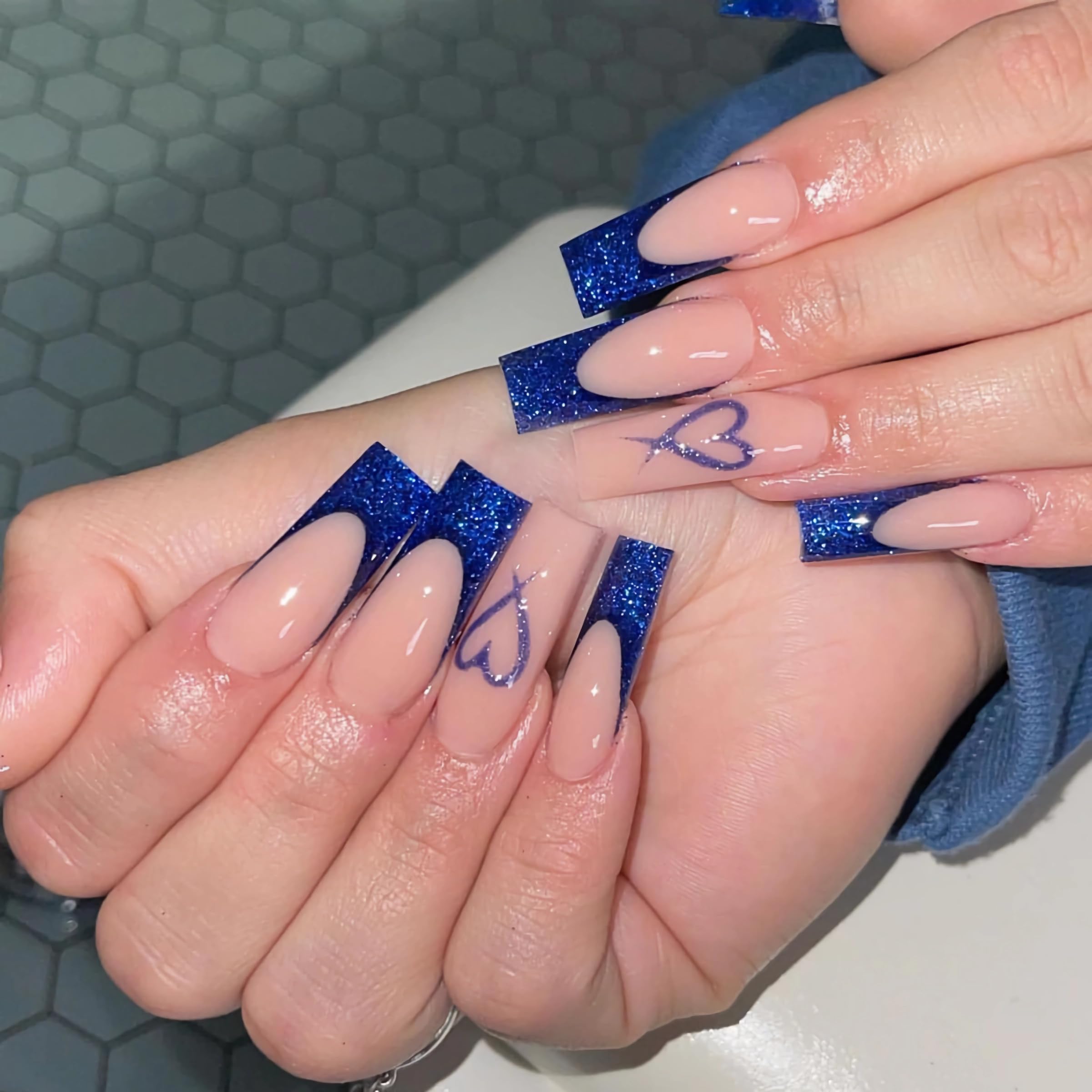 BABALAL Square Press on Nails Long Fake Nails Blue French Tip Glue on Nails Glitter Shiny Heart Design Acrylic Nails 24Pcs Squoval Manicure Artificial