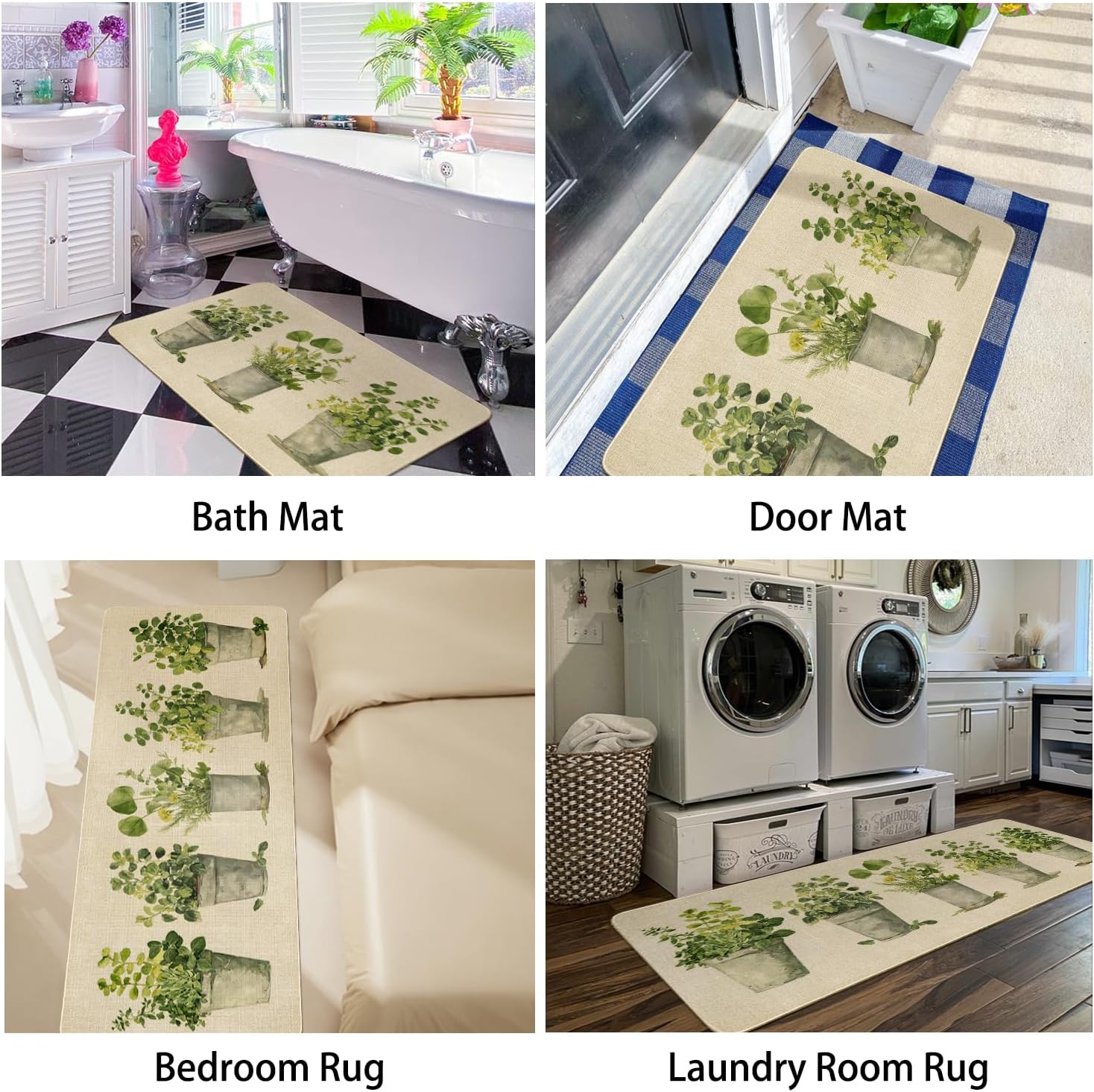 Spring Summer Farmhouse Kitchen Rugs and Mats Set of 2,French Herbs Wildflowers Flowers Floral Plants Non Slip Washable Floor Sink Mats Decorations for Home Kitchen 18"x48"+18"x30"