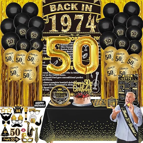 Decoraciones de cumpleaños número 50 para hombres y mujeres, 102 piezas de decoración vintage y color negro dorado 50, incluyendo pancarta, tarjeta