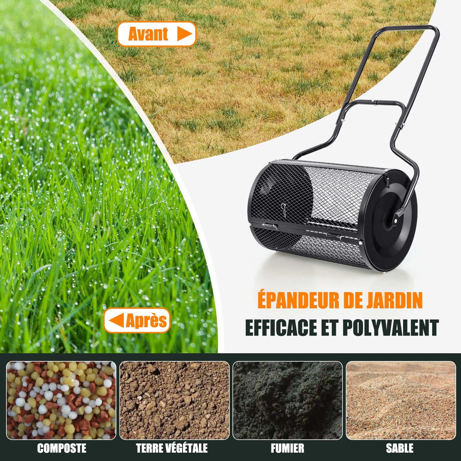 GOPLUS Épandeur de Compost d68cm pour Pelouses et Jardin, Capacité 75L, Épandeur en Treillis Métallique avec Double Loquets Latéraux, Épandeur de Fumier, de Terreau et de Paillis Roulant (Noir)