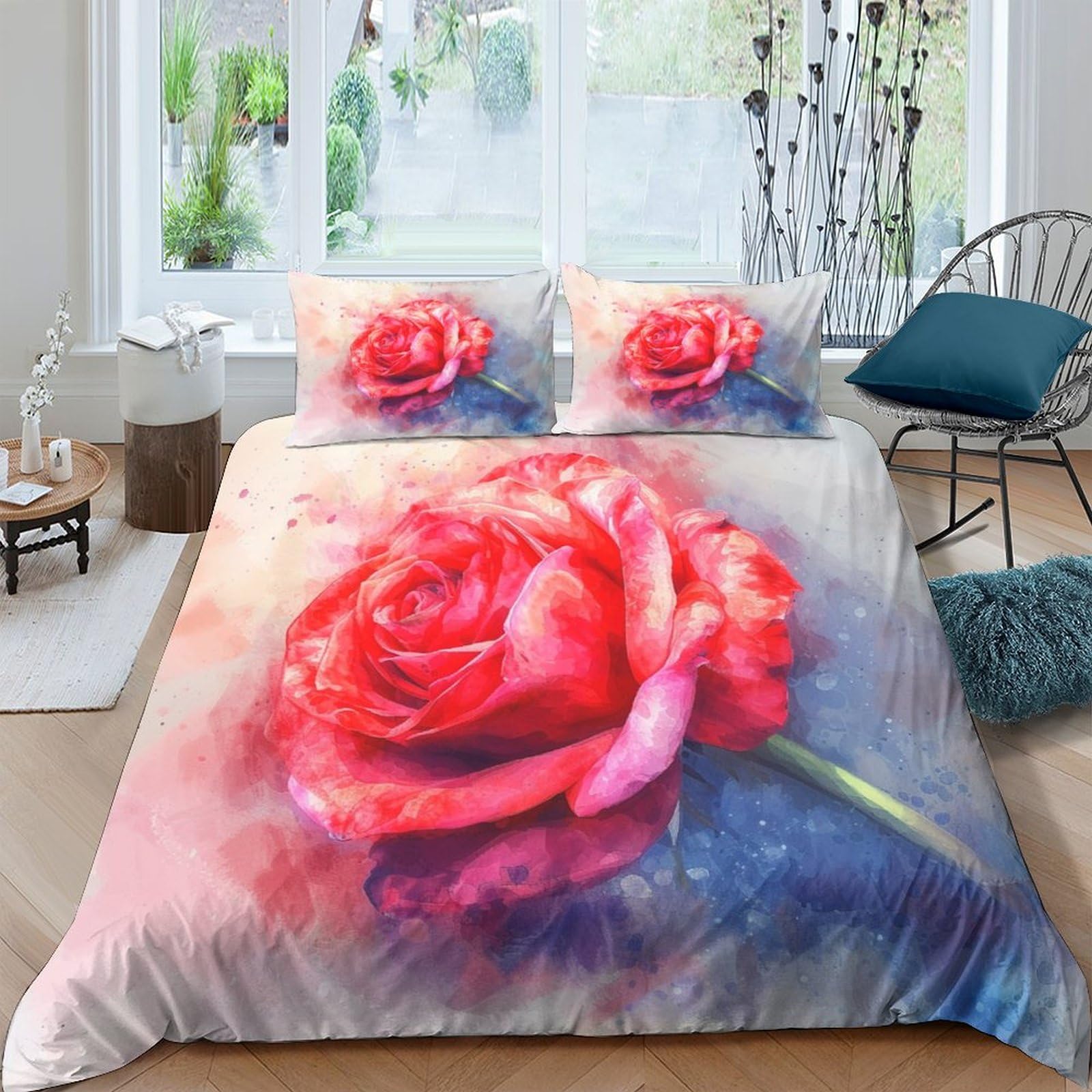 Parure de lit 3 pièces avec housse de couette rose 3D facile d'entretien