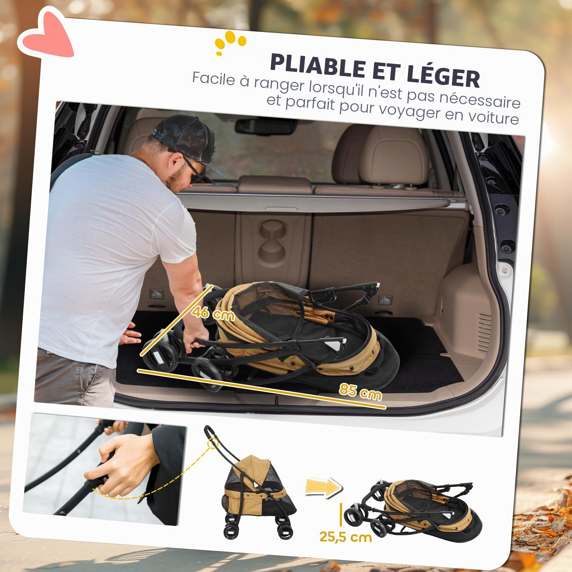 PawHut Poussette pliable pour chiens de petite taille avec fenêtres en maille, coussin lavable, sangles de sécurité et cadre en acier Charge 15 kg Café