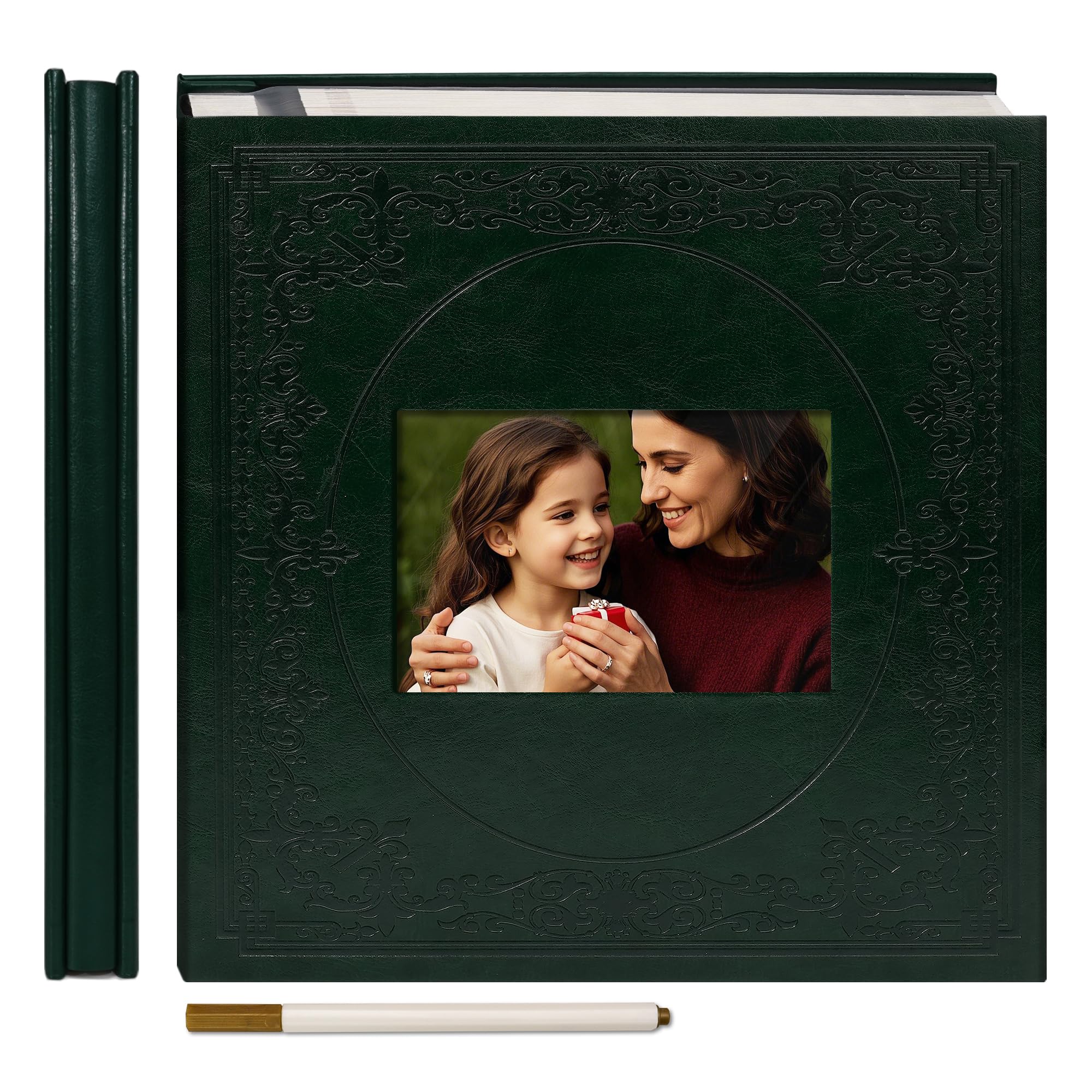 Vienrose Großes Selbstklebendes Fotoalbum mit Fenster – Dunkelgrün – Fotobuch zum Selbstgestalten – 30 Blätter (60 Seiten) für 10x15 13x18 20x25 Bilder – Scrapbook Album Baby Hochzeit DIY