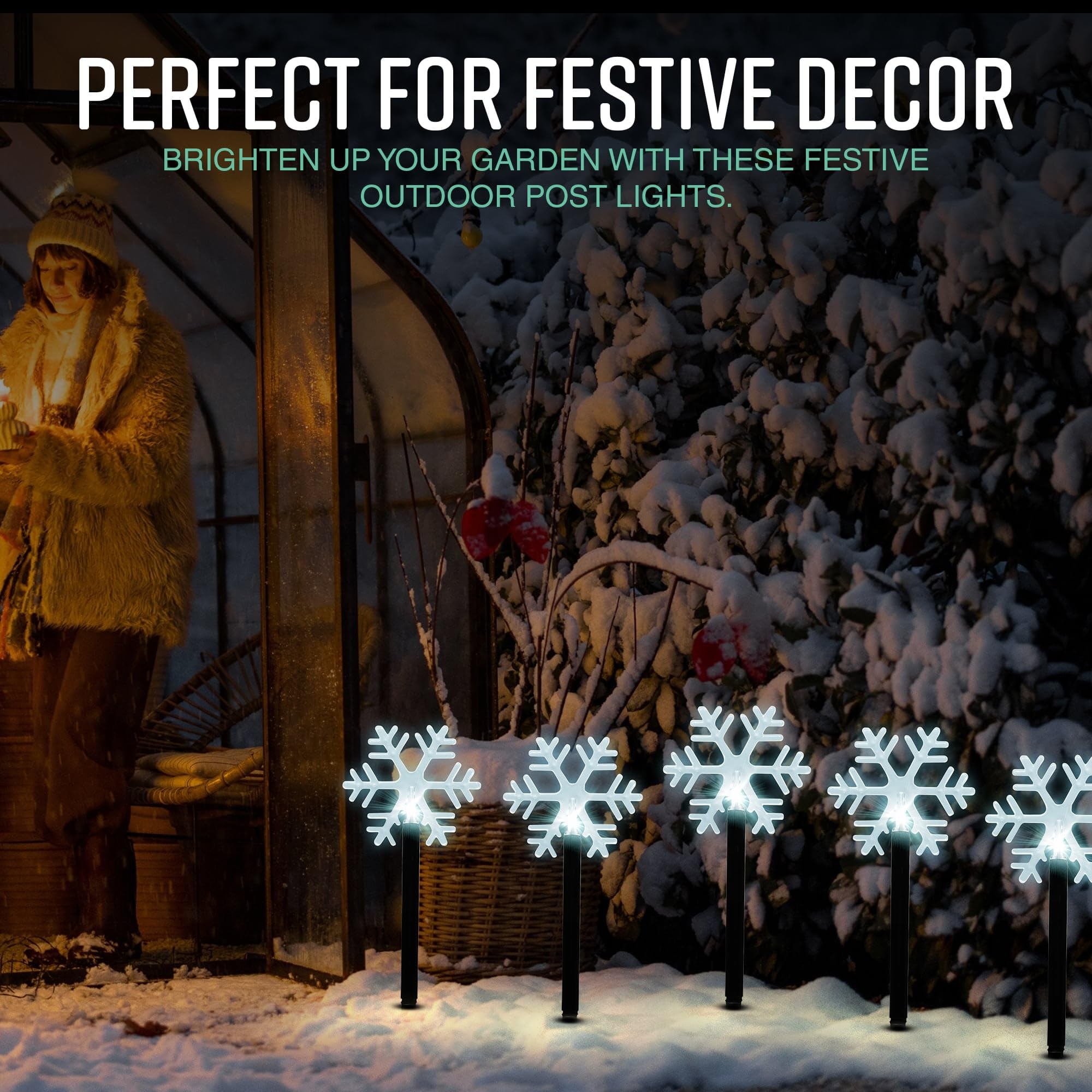 Lights4fun - 5 Paletti da Giardino Luminosi a Pile a Fiocchi di Neve con LED Bianco Freddo