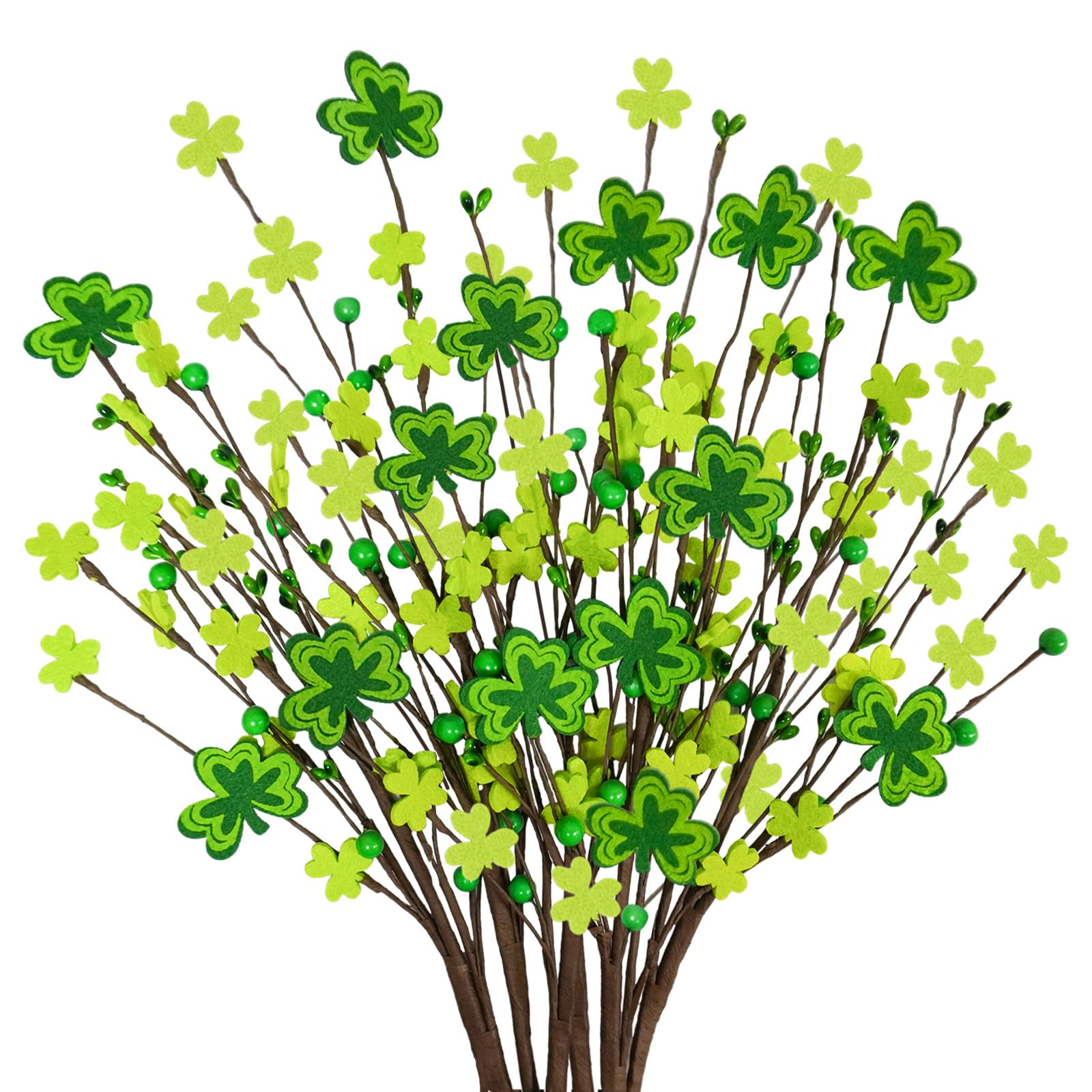 Agusbagli 6pcs St Patricks Day Decorations, 23.8" Artificial Shamrock Picks Fake Green Berry Stems Clover Flower Floral Branches for Home Party Table Centerpiece St. Patrick's Day Decor