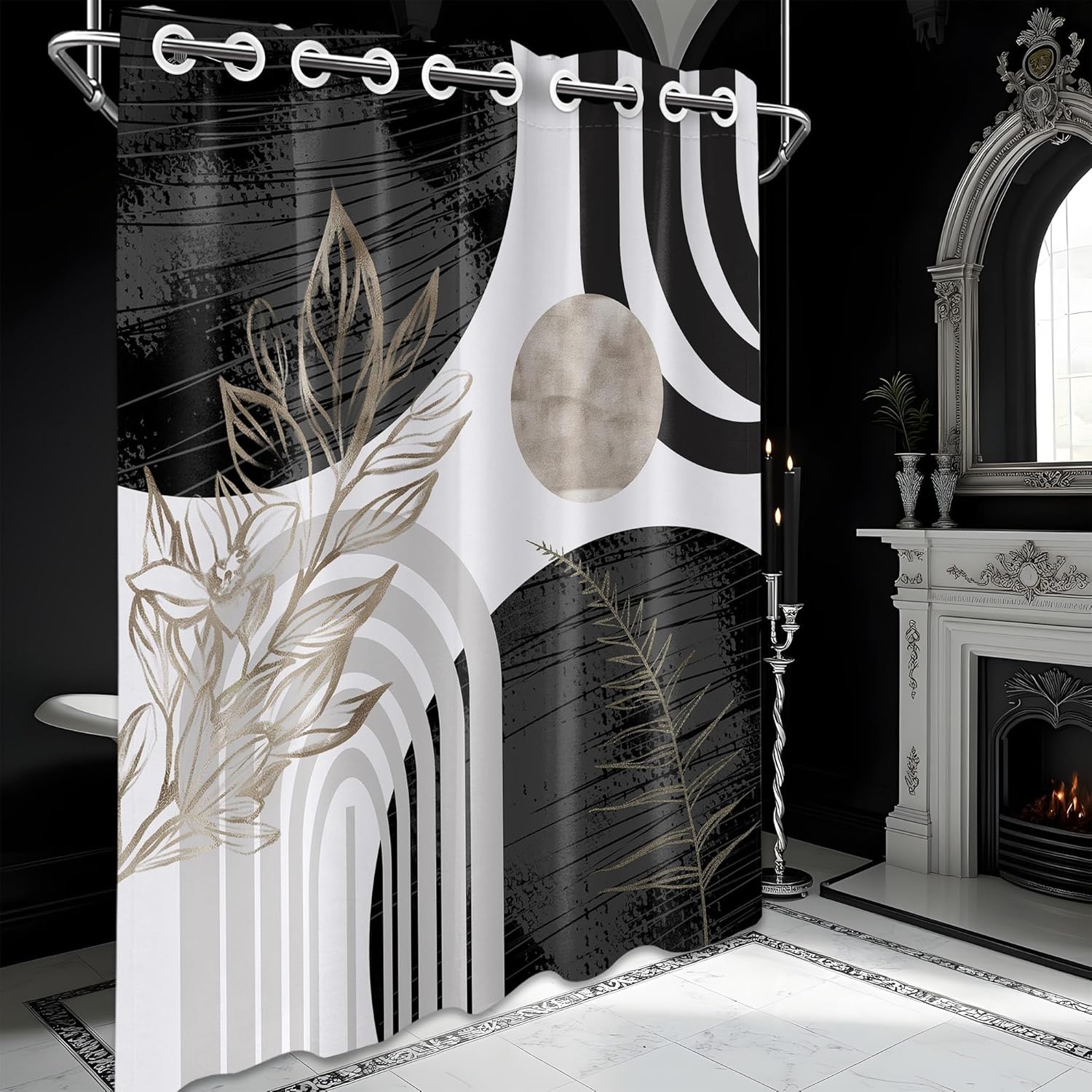 Black and White Boho Hookless Shower Curtain with Snap in Liner Set, Grey Mid Century Modern No Hook Shower Curtains for Mens Bathroom, Liner with Magnets, Waterproof Cloth Fabric, 71x74 in