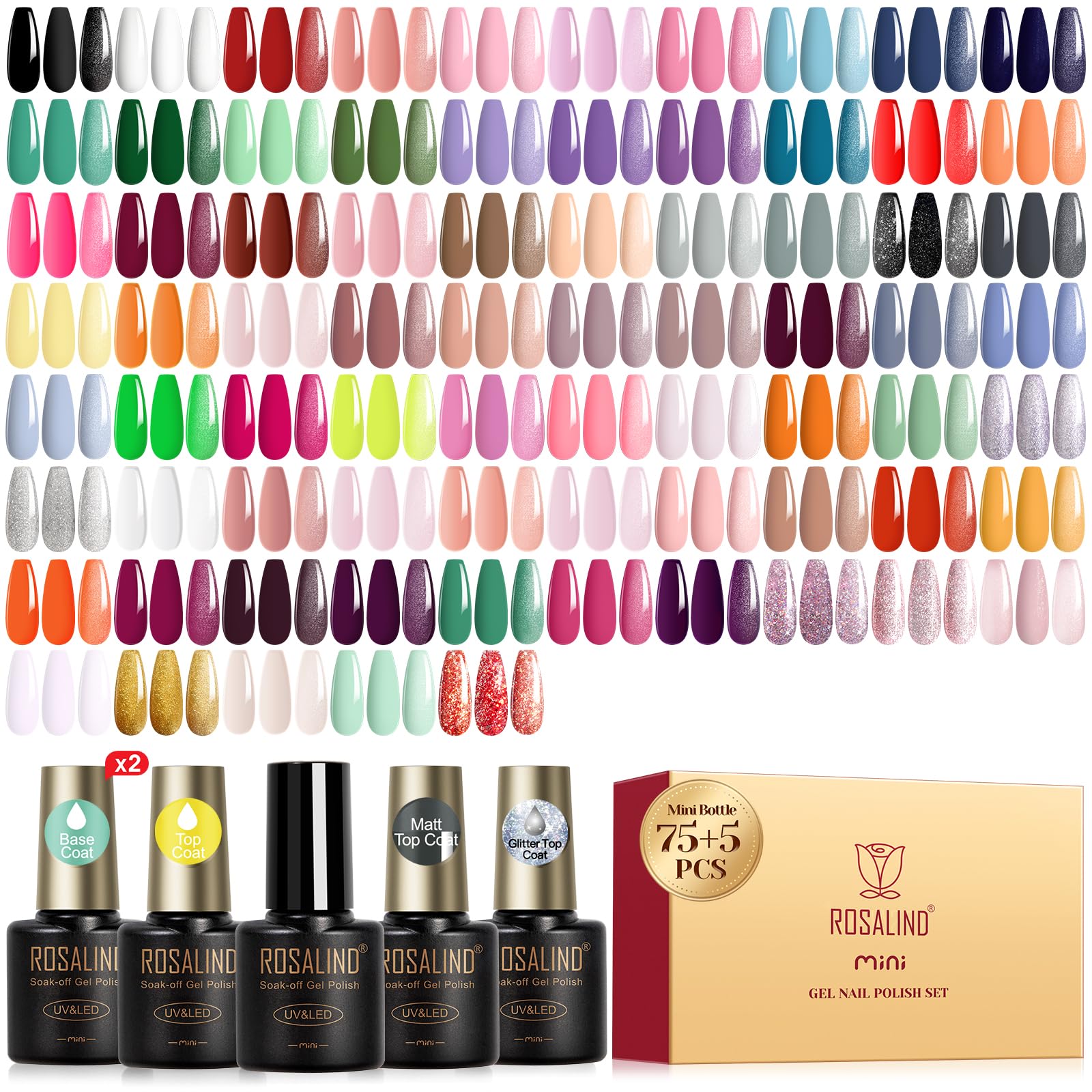 ROSALIND 80PCS Gel Polish Set, 75 Colors Gel Nail Polish with Glossy Matte Glitter Top Coat Base Coat Multi-Colred u v Nail Polish Kit Soak Off Nail Set for Women