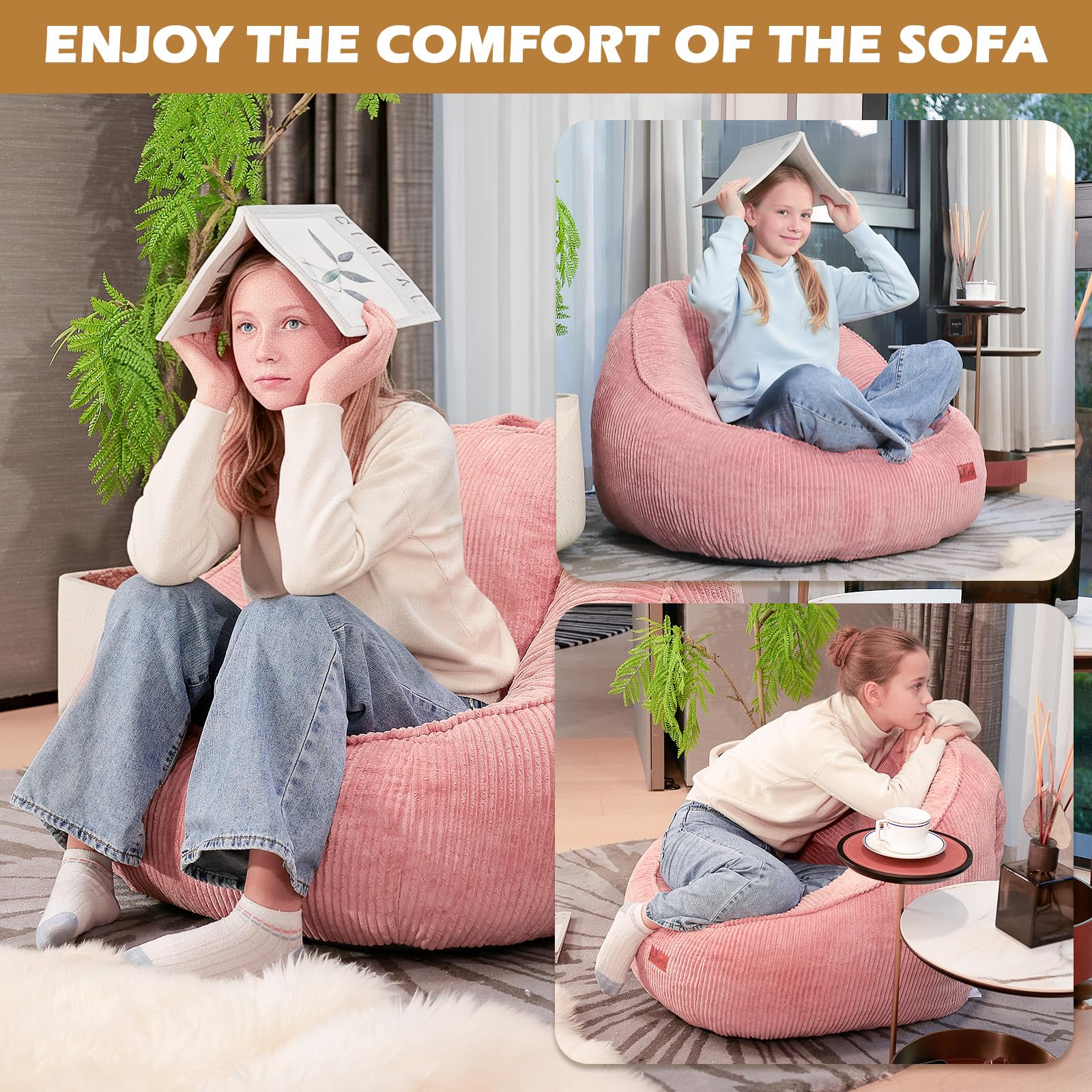 Sitzsack mit Memory-Foam-Füllung, Großer Cord Sitzsack für Erwachsene & Kinder, Bequemer Boneless Bean Bag mit Tragegriff für Wohnzimmer, Schlafzimmer, Gamingzimmer, Büro & Balkon(Rosa-M)