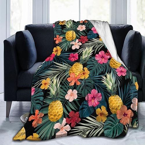 Perinsto Manta de vellón con diseño de hojas de palma, hibisco, flores hawaianas, ultra suave y cálida para todas las estaciones, piñas tropicales,
