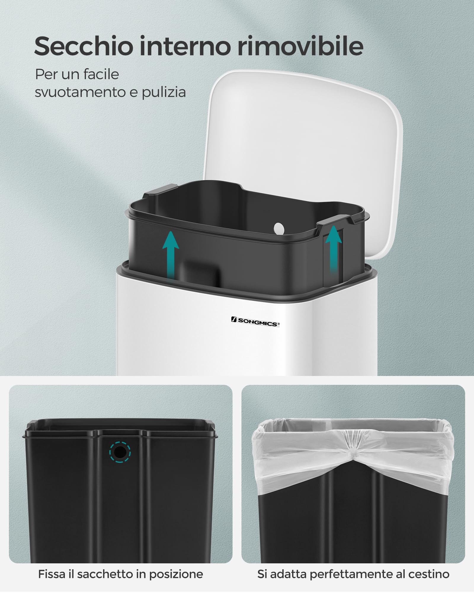 SONGMICS Pattumiera da Cucina, Cestino della Spazzatura da 30L, Pattumiera a Pedale in Acciaio con Coperchio e Secchio Interno, Chiusura Morbida Ammortizzata, Bianco LTB01W
