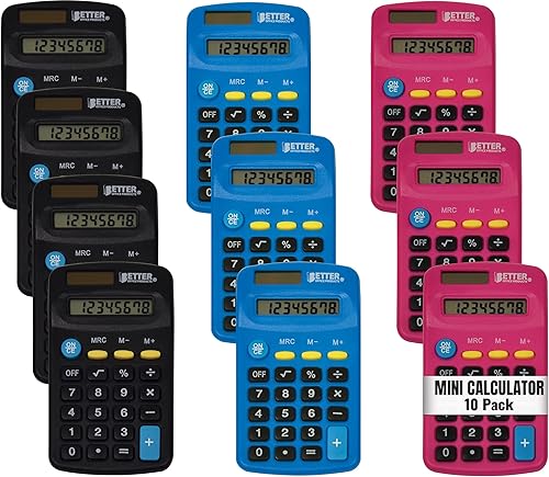 Better Office Products Mini calculadoras de tamaño de bolsillo, paquete de 10, pantalla de 8 dígitos en ángulo de mano, función estándar, colores