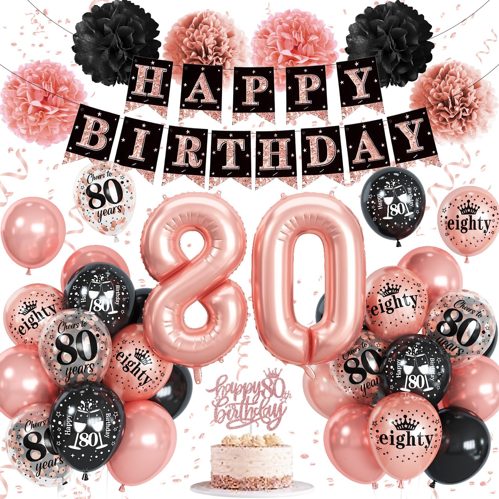 80th Birthday Decorations for Women, Rose Gold Black Confetti Latex Balloons Number 80 Foil Balloon Happy 80th Birthday Banner Cake Topper Paper Pom Poms for Her 80 Year Old Bday Party Decoration