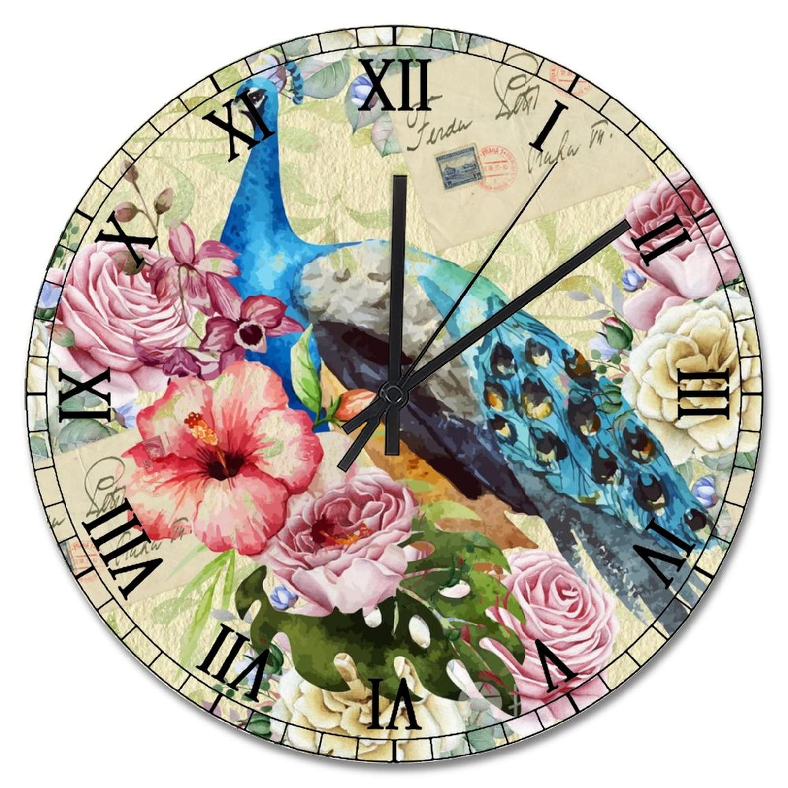 Horloge paon rustique 38 cm pendule murale vintage silencieuse