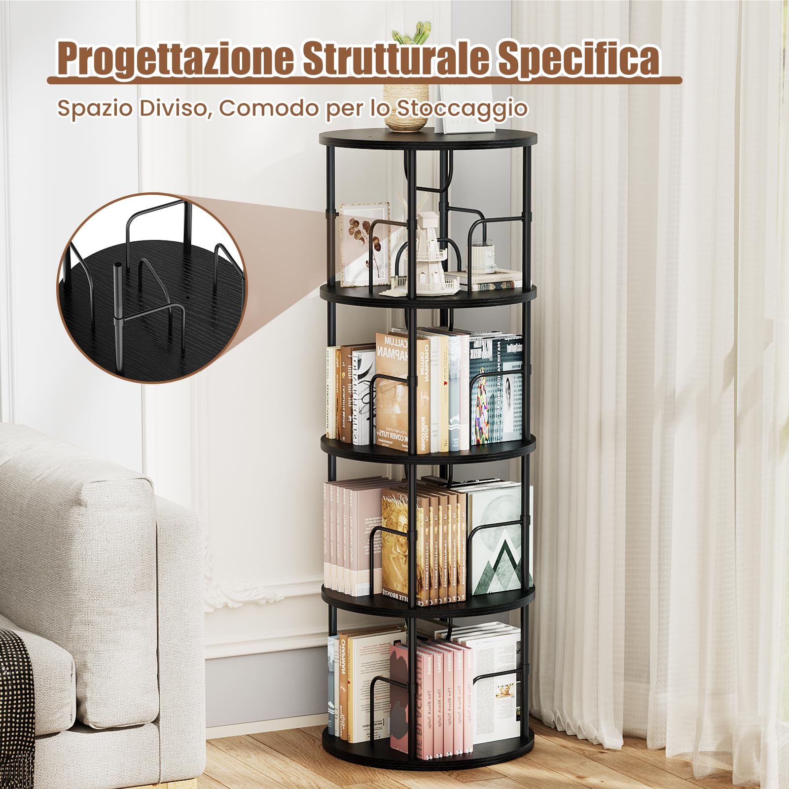 Libreria Girevole a 360° in Legno - 4 Ripiani Regolabili, Scaffale Verticale Portaoggetti per Uffici e Soggiorni, 45×45×129 cm, Nero