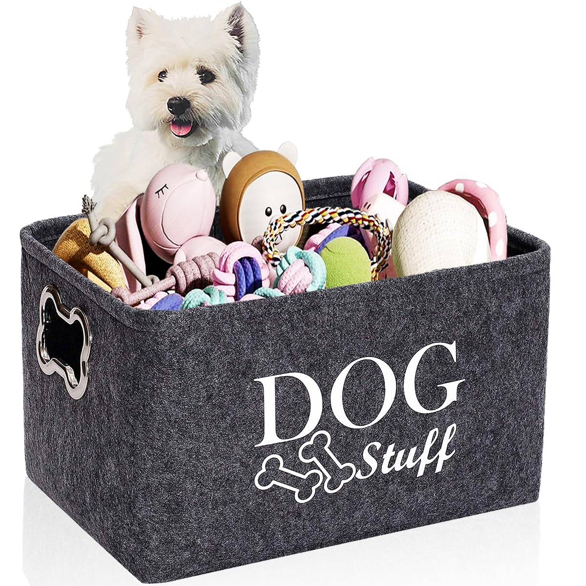 Dog Toys Basket, Foldable Pet Stuff Storage Bin with Metal Handles, Felt Organizer Holder Box to Keep Your Furry Friend's Toys Organized and Accessible