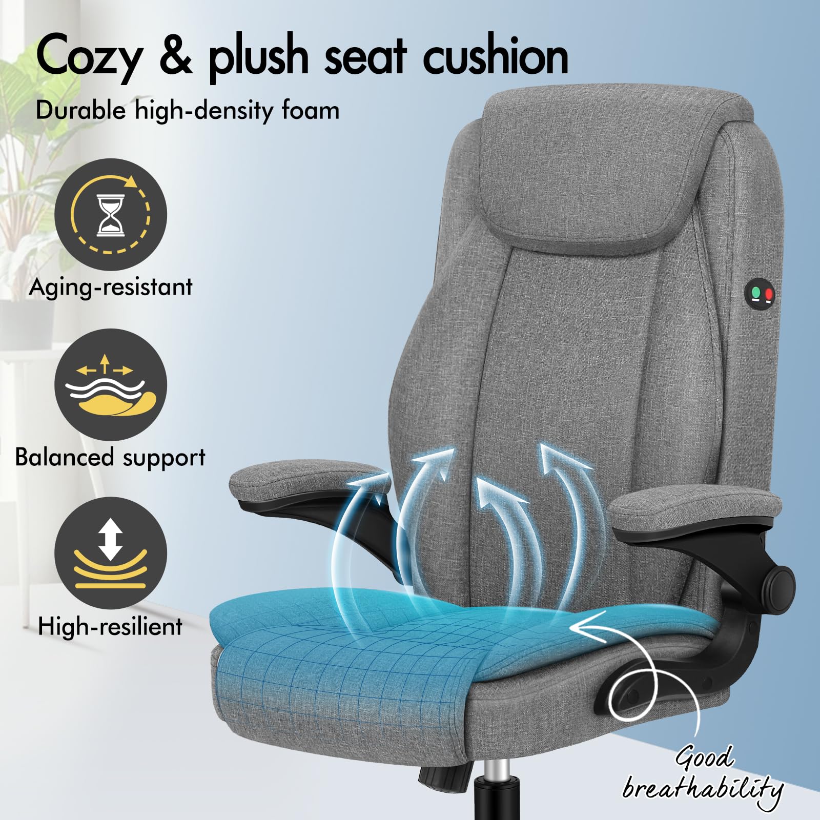 ALFORDSON Ergonomiczne krzesło biurowe z masażem, krzesło biurowe wykonawcze z wysokim oparciem, składane podłokietniki, funkcja przechylenia, do recepcji, domu, komputera, gabinetu, tkaniny lnianej