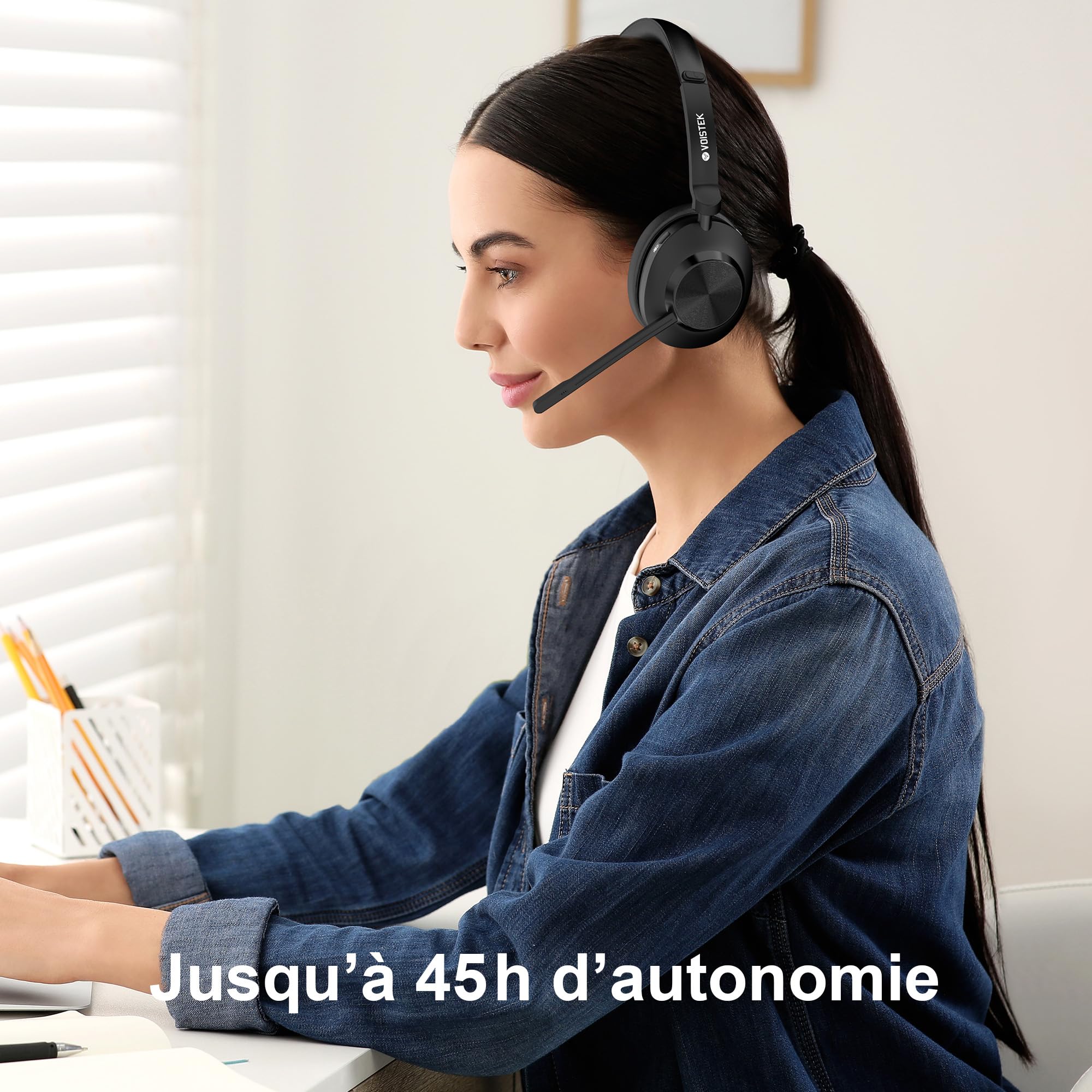 Voistek Casque Bluetooth Sans Fil avec Microphone pour PC/Ordinateur Portable, Léger on Ear, Microphone Réglable à Réduction de Bruit, Casque Audio Sans Fil pour Bureau, Télétravail, Chat, Zoom, Teams