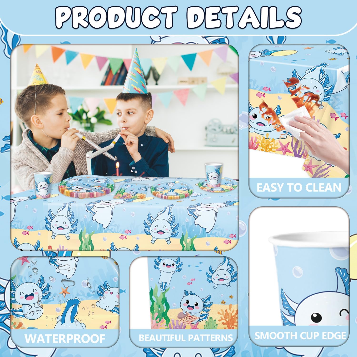 114Pcs Blue Axolotl Birthday Party Supplies Include Banner-Backdrop-Balloons-Cake Topper-Cupcake Toppers-Tableware-Plates-Napkins-Cups-Cutlery-Tablecloth for Blue Axolotl Party Decorations - Image 4
