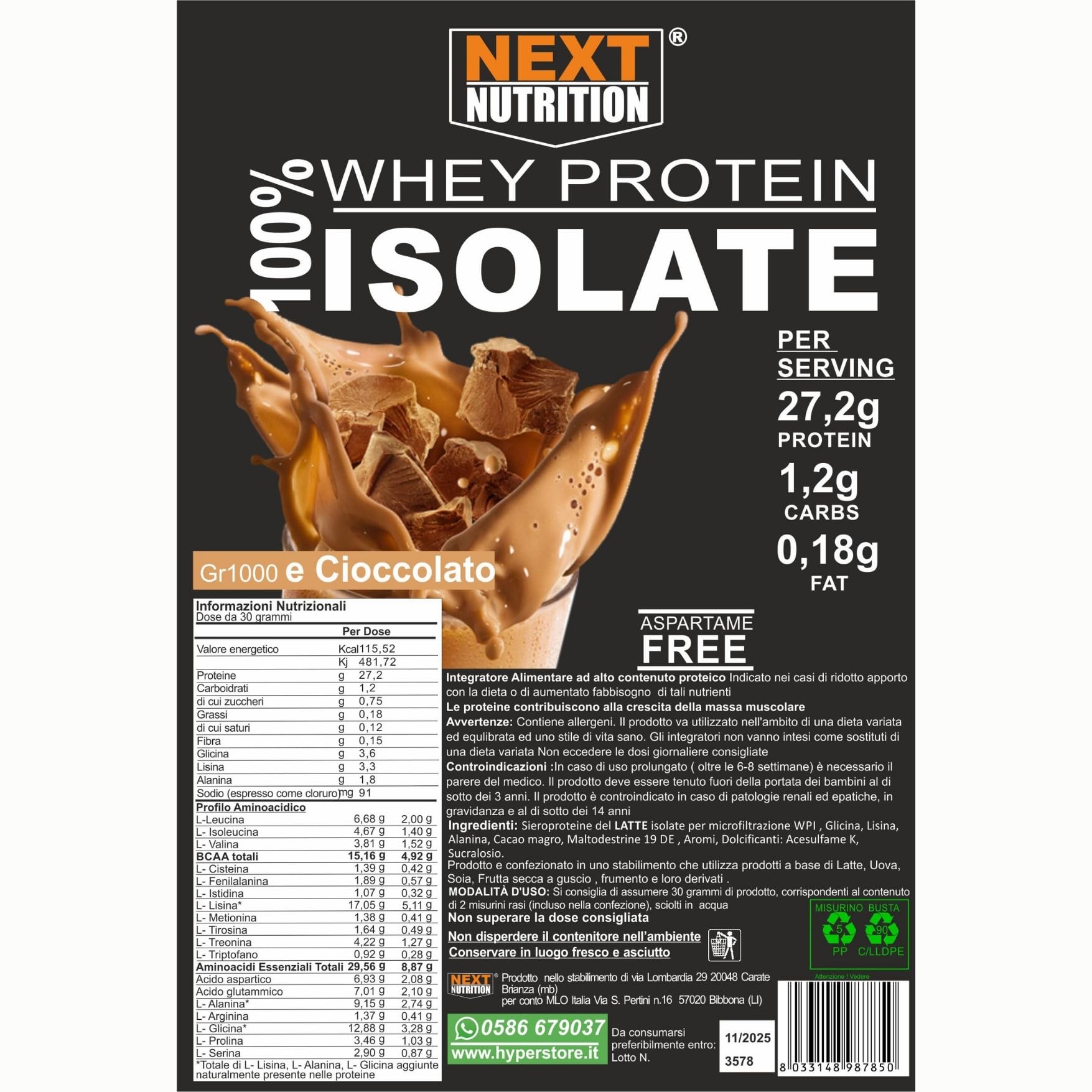 Next Proteine in Polvere Isolate Whey - 4kg Cacao - Integratori Palestra per il Recupero e l'Aumento di Massa Muscolare - 100% Proteine Isolate - Proteine Whey Isolate Prodotte in Italia