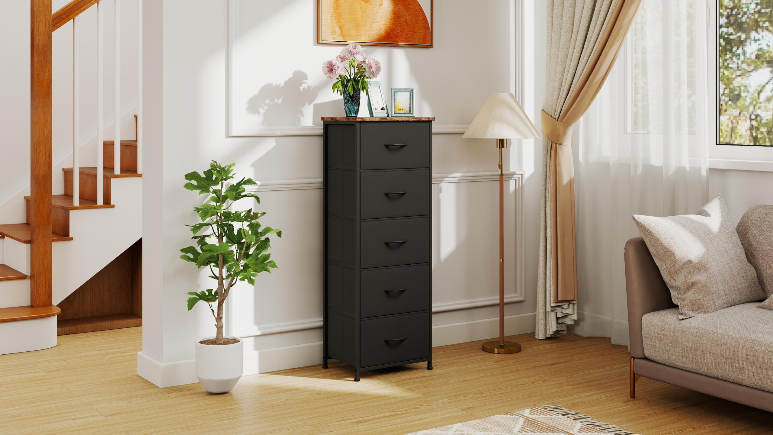 tall dresser 5 drawer TUHOME Basilea 5 Drawers Tall Dresser, Pull Out System, Black, CLW8975