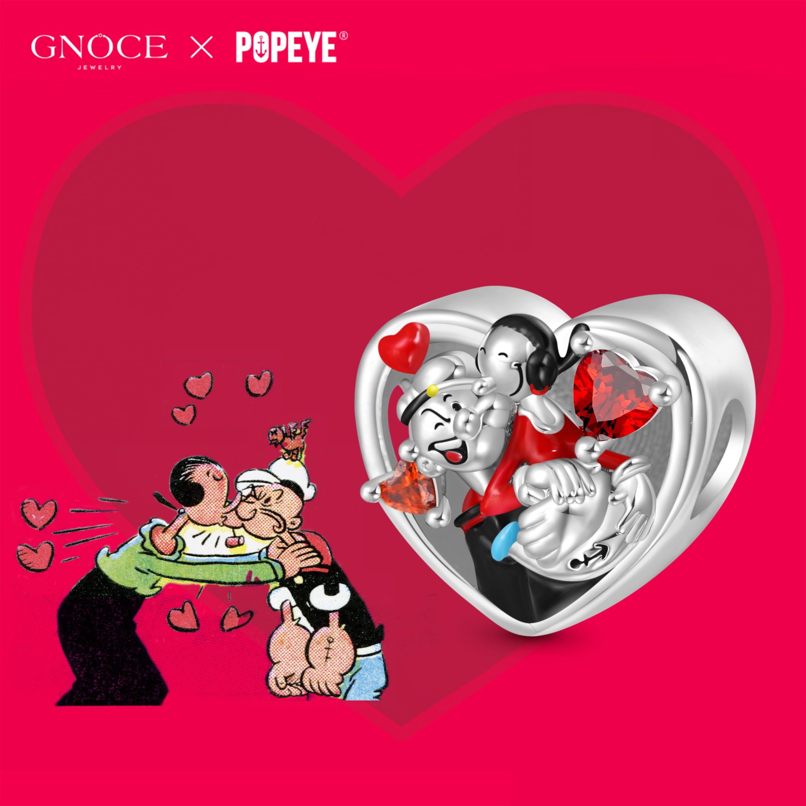 GNOCE Charm Bead Popeye Día de San Valentín Abrazo Corazón Charm Cuentas de Plata de Ley 925 Charms para Mujeres y niñas Joyería Regalo para fanáticos
