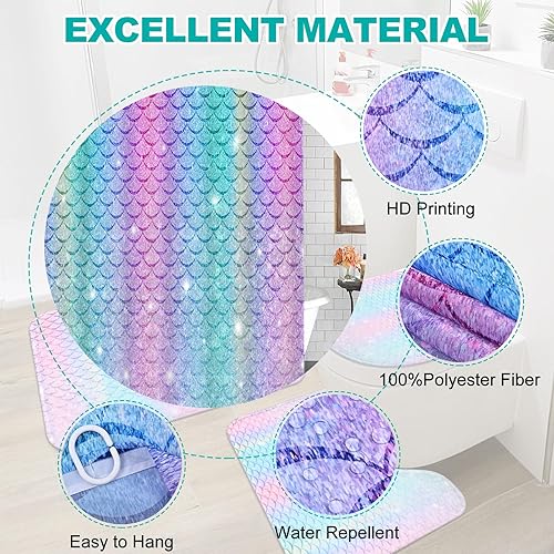 Miniatura 4 de Alishomtll Juego de 4 cortinas de ducha de sirena arcoíris para niños con alfombras, juego de baño para niñas con purpurina rosa con cortina de