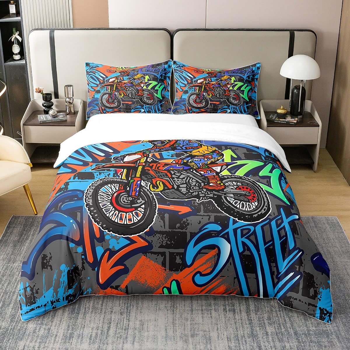 Dirt Bike 100% Baumwolle Bettbezug für Jungen Teens Männer Motorrad Bettwäsche Set 135x200 Bunte Graffiti Komfortbezug Kinder Motocross Rider Motorradfahrer Bettsets mit 1 Kissenbezug