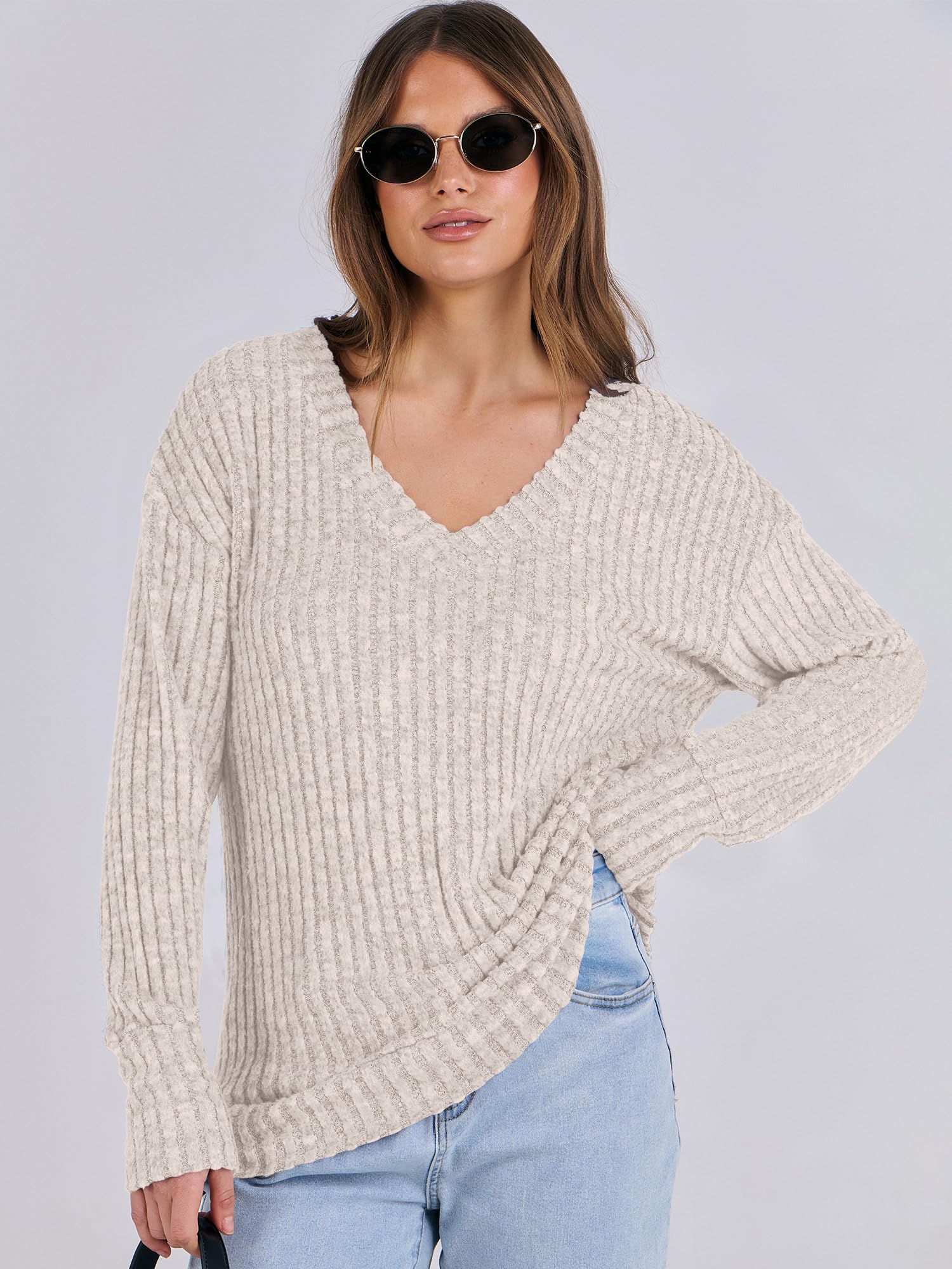 ANRABESS Long Sleeve Shirts for Women V Neck Casual Fall Tops Loose Fit Lightweight Sweaters Tunic Fashion 2025 Clothes