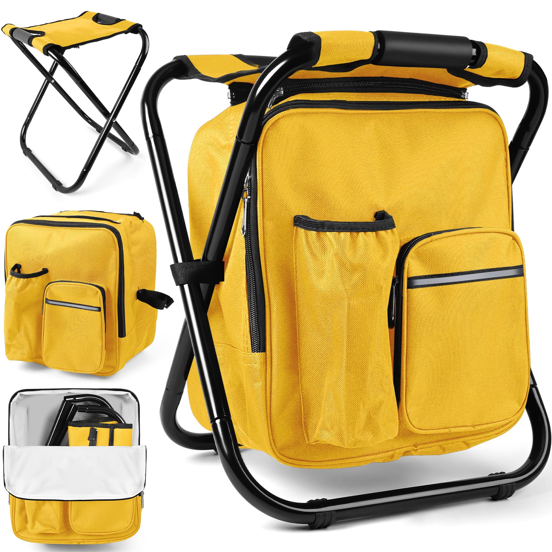 Kikerike Backpack Stool Cooler Chair Heavy Duty 200 LBS Max Load Portable Lightweight Stool Backpack Folding Fishing Cooler Seat for Camping Hunting Fishing - Yellow