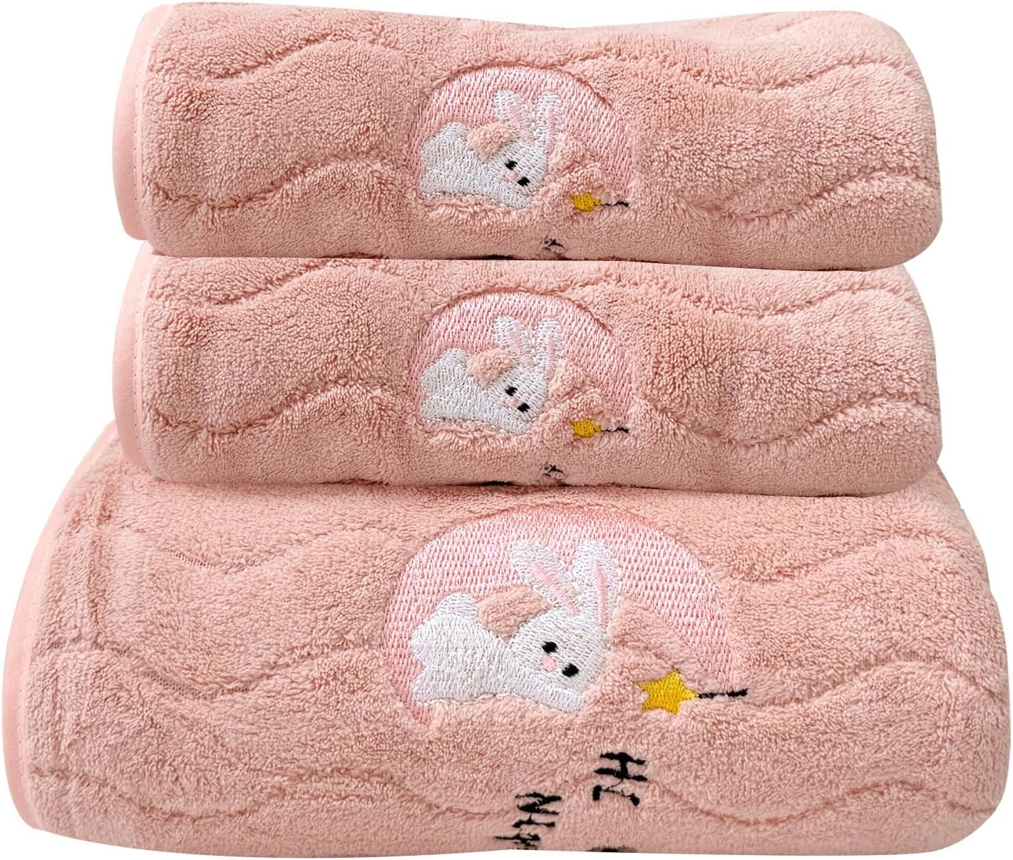 USTIDE Pink Towels Set Rabbit Embroidery Soft Velvet Bath Towels Set for Bathroom Gym (Pink+Moon, 1 Bath Towel+2 Hand Towels)