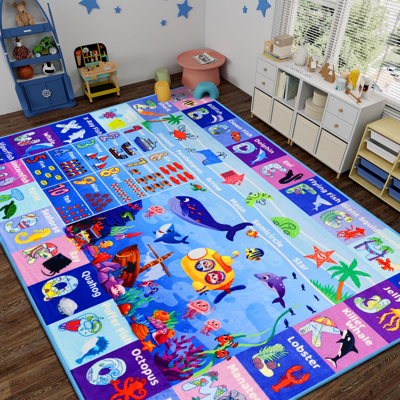 DINSUMRUG ABC Kids Rug for Playroom 150×100 CM Ocean Rug Baby Play Mat Alphabet Mat Sea Animal Number Shape Classroom Kids Playroom Carpet Early Learning Carpet for Preschool Toddlers - Image 4