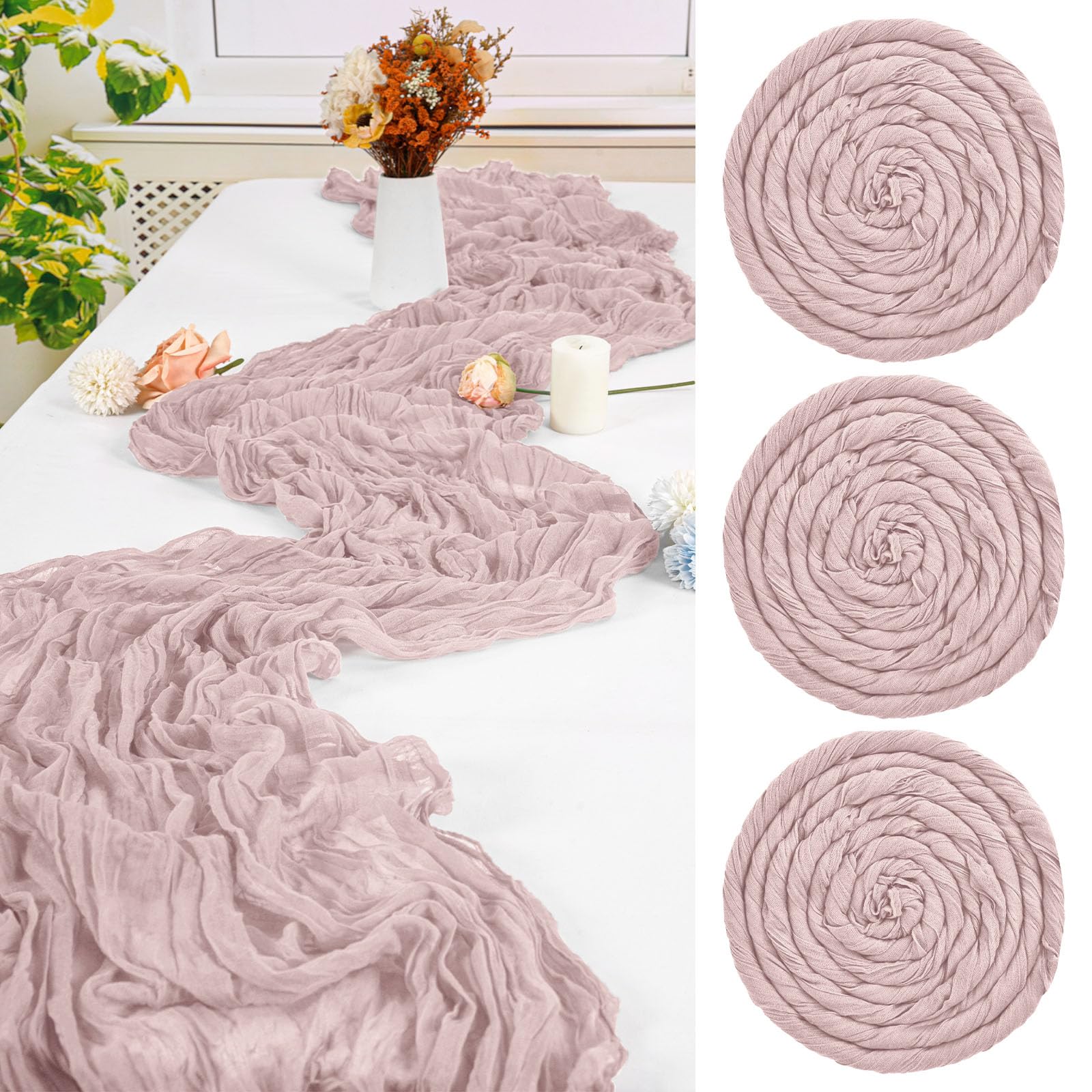 3 PCS Dusty Pink Cheesecloth Table Runner, 300cm 10FT Long Gauze Table Runners for Weddings, Boho Rustic Romantic Sheer Decor for Reception, Party & Bridal Shower, Reinforced Edges — image 1
