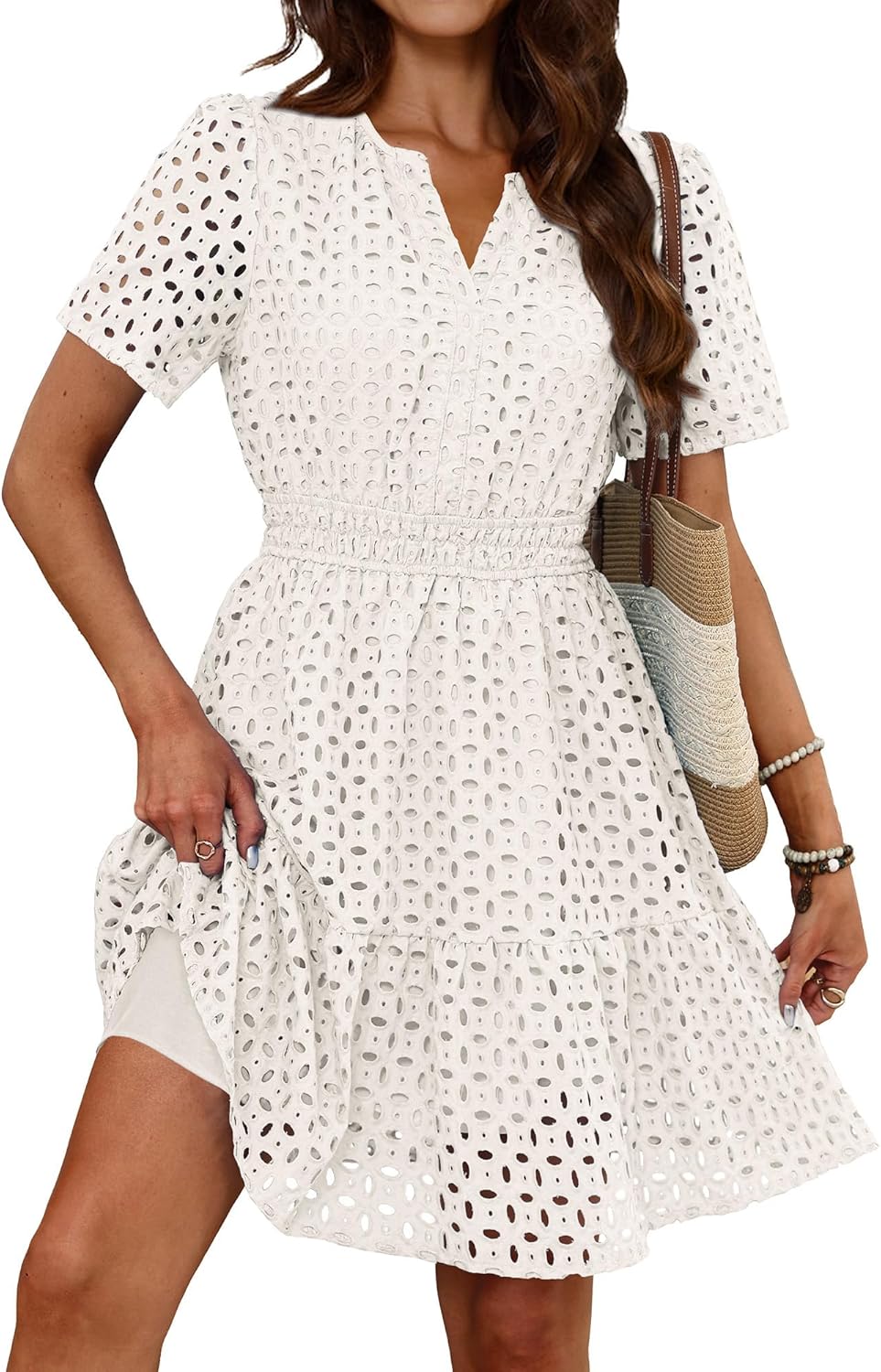 RUMIA Womens Dresses 2026 Summer V Neck Eyelet Lace A Line Short Spring Wedding Guest Dress - Image 4