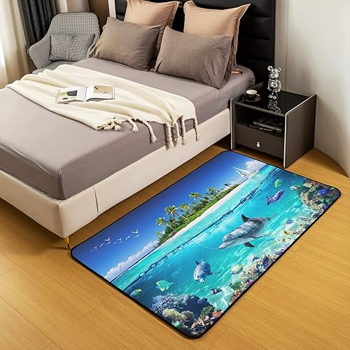 Miniatura 5 de Alfombra hawaiana de playa de 5 x 7 pies, diseño de delfín, sala de estar, dormitorio, decoración del hogar, vida marina, alfombra ultra suave