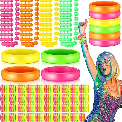 Batiyeer 48 piezas de accesorios de neón de los años 80 para mujer 24 pulseras de plástico neón y 24 collares de cuentas - fiesta de los años 80,