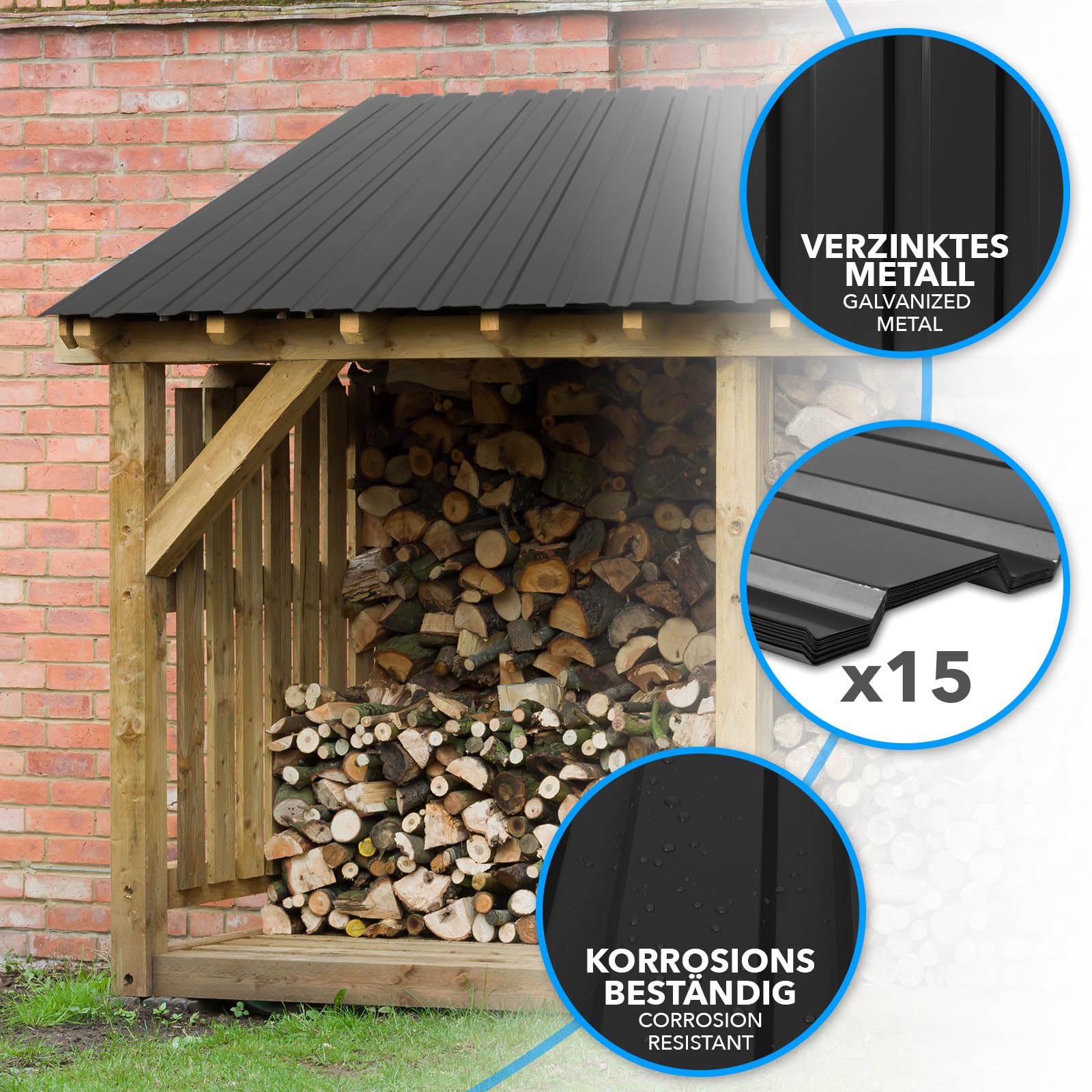 KARAT - 15 piezas de chapa trapezoidal de 115 x 45 cm - Juego de perfilada con tornillos - 7,7 m² - Grosor 0,25 mm - Chapa de techo de acero - Revestimiento de pared (Negro)