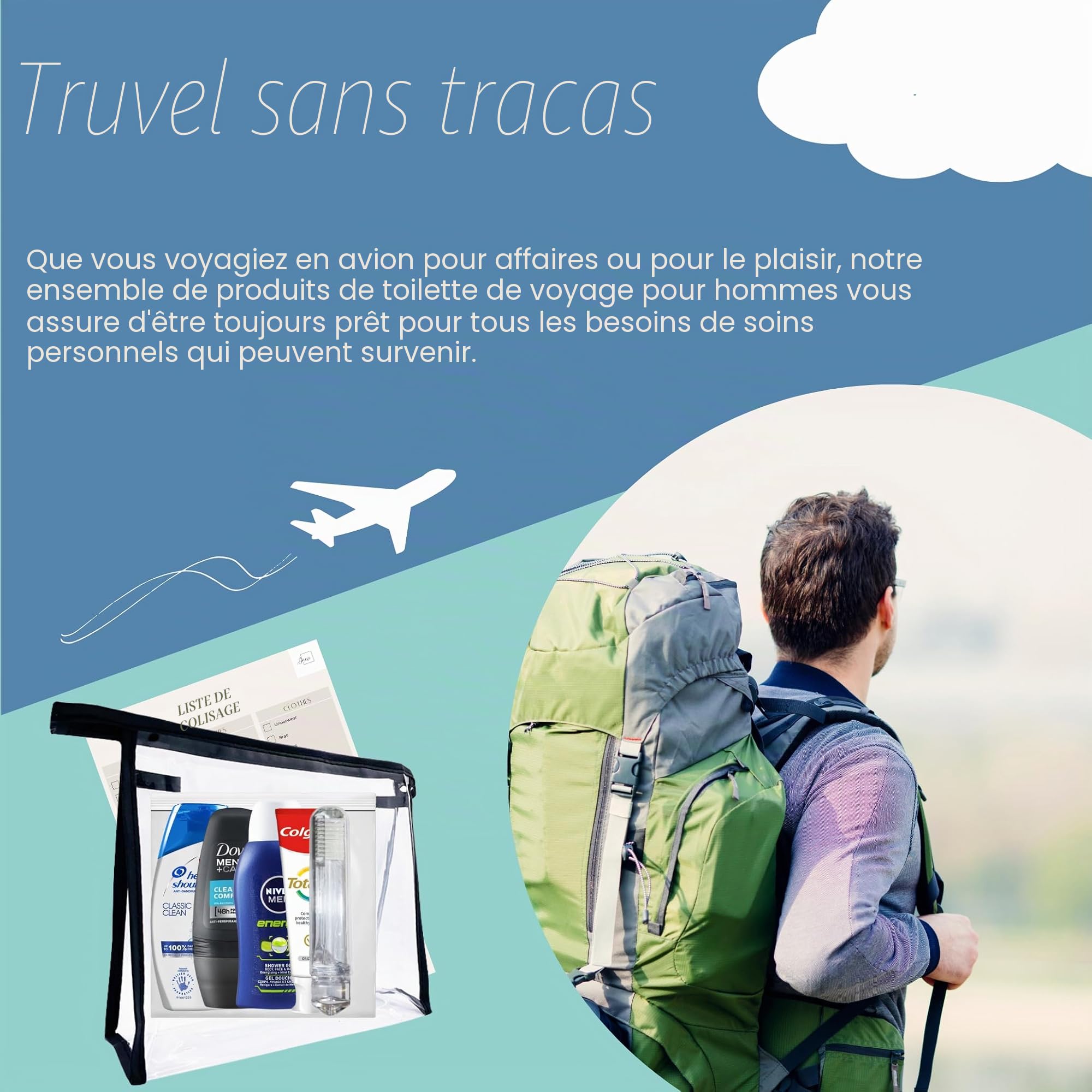 Ensemble de toilette de voyage pour homme – Mini kit de toilette de voyage avec liquides approuvés par la TSA – Accessoires de voyage pour homme adaptés aux aéroports pour les vacances, les affaires