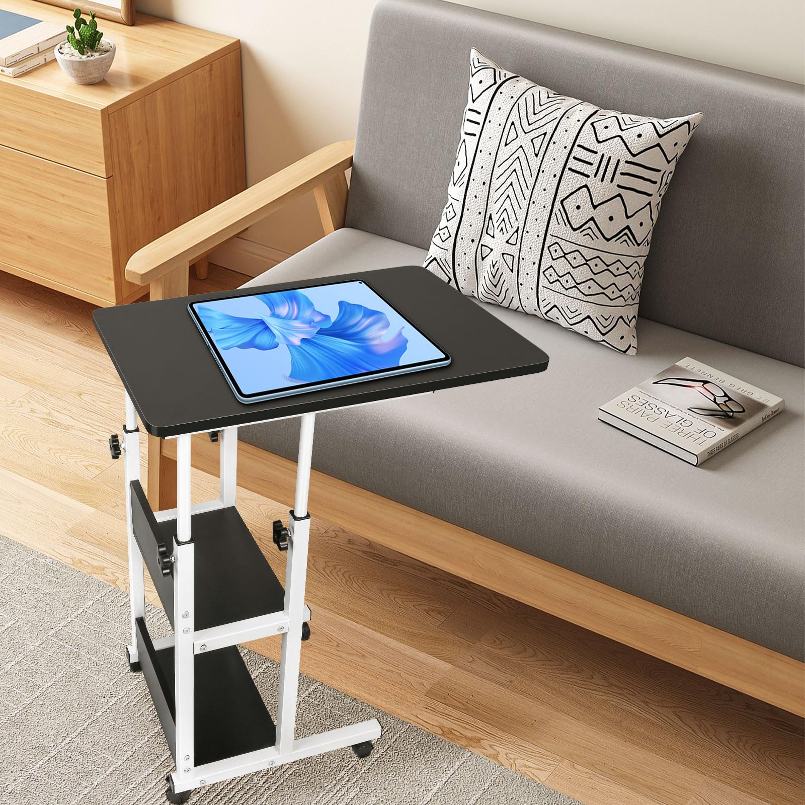 Table d'appoint légère, de lit médicalisé,Bureau Informatique, Bureau Gaming, Roulante Canapé pour Ordinateur Portable Hauteur Pliante avec 4 roulettes-60 * 40 * 76-86.5 cm-Noir