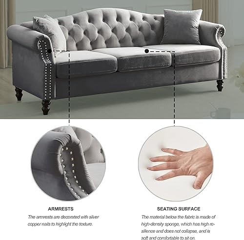 Miniatura 7 de Sofá Chesterfield de 79 pulgadas con 2 almohadas, sofá de 3 plazas de terciopelo con brazos enrollados y cabeza de clavos para sala de estar,