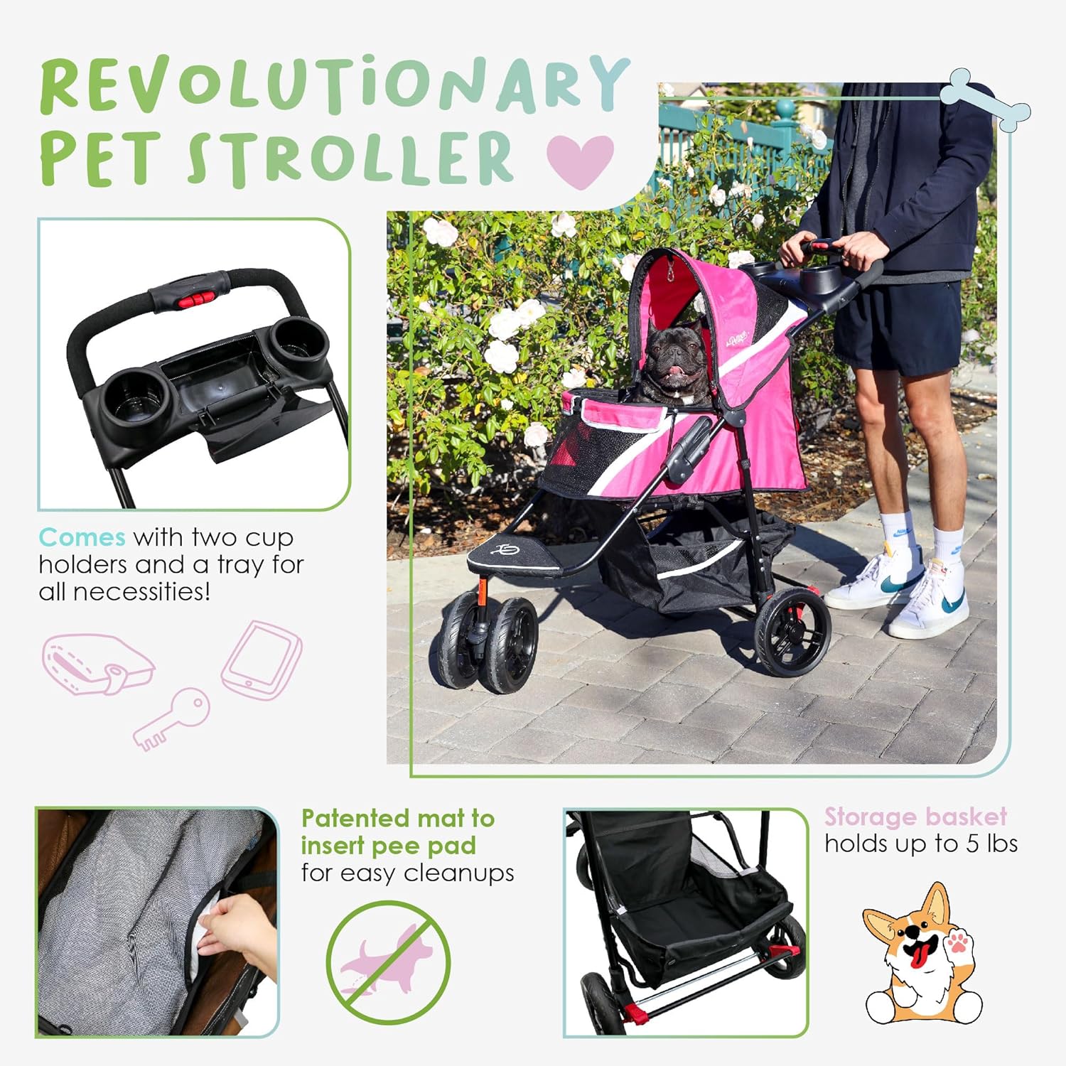 Brown and Black Mesh Pet Stroller with Storage Basket
