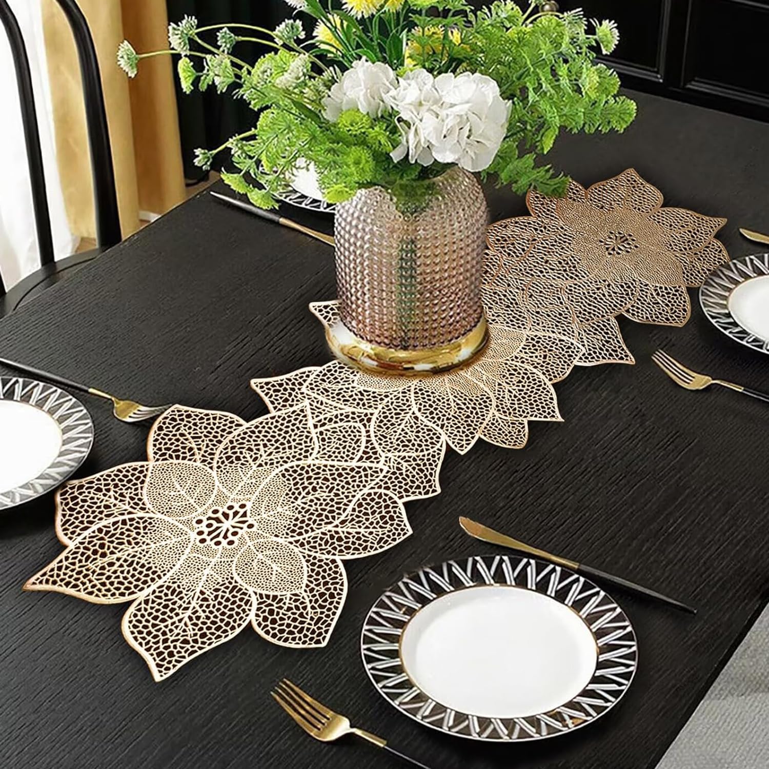 FAVE Gold Table Runners 36 Inches Valentines Day Decorations Flower Shaped Table Runner Waterproof Washable for Wedding, Banquet, Birthday,Party,Restaurant(Gold Flower Shaped)