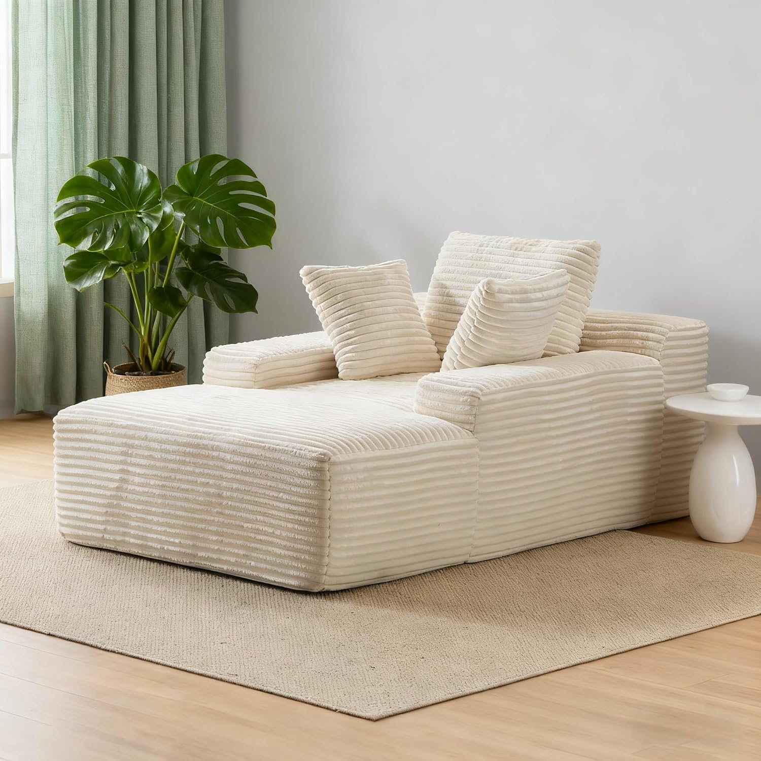47" W Oversized Cozy Chaise Lounge Chair, Boneless Corduroy Upholstered Sleeper Sofa with Back Pillows and Wide Armrests, for Living Room, Bedroom, or Apartment, No Assembly Required, White