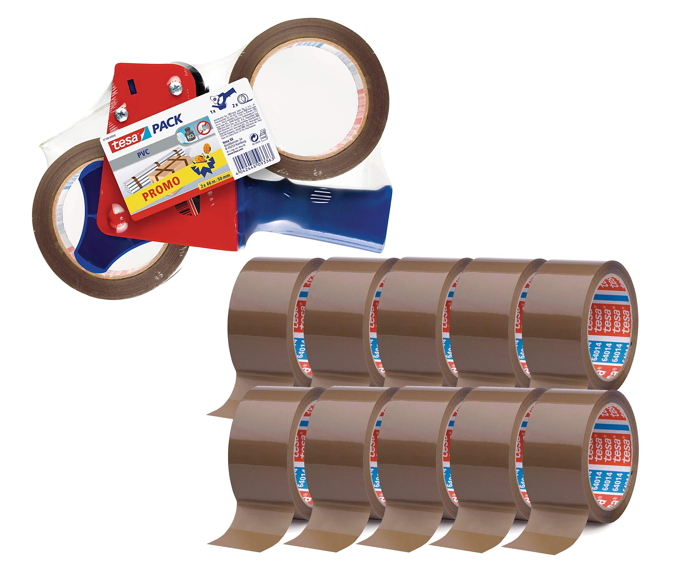 Klebeband braun - leise abrollend - 50 mm breit - 66 m lang (6 Rollen, 10 Rollen + Handabroller-Set)