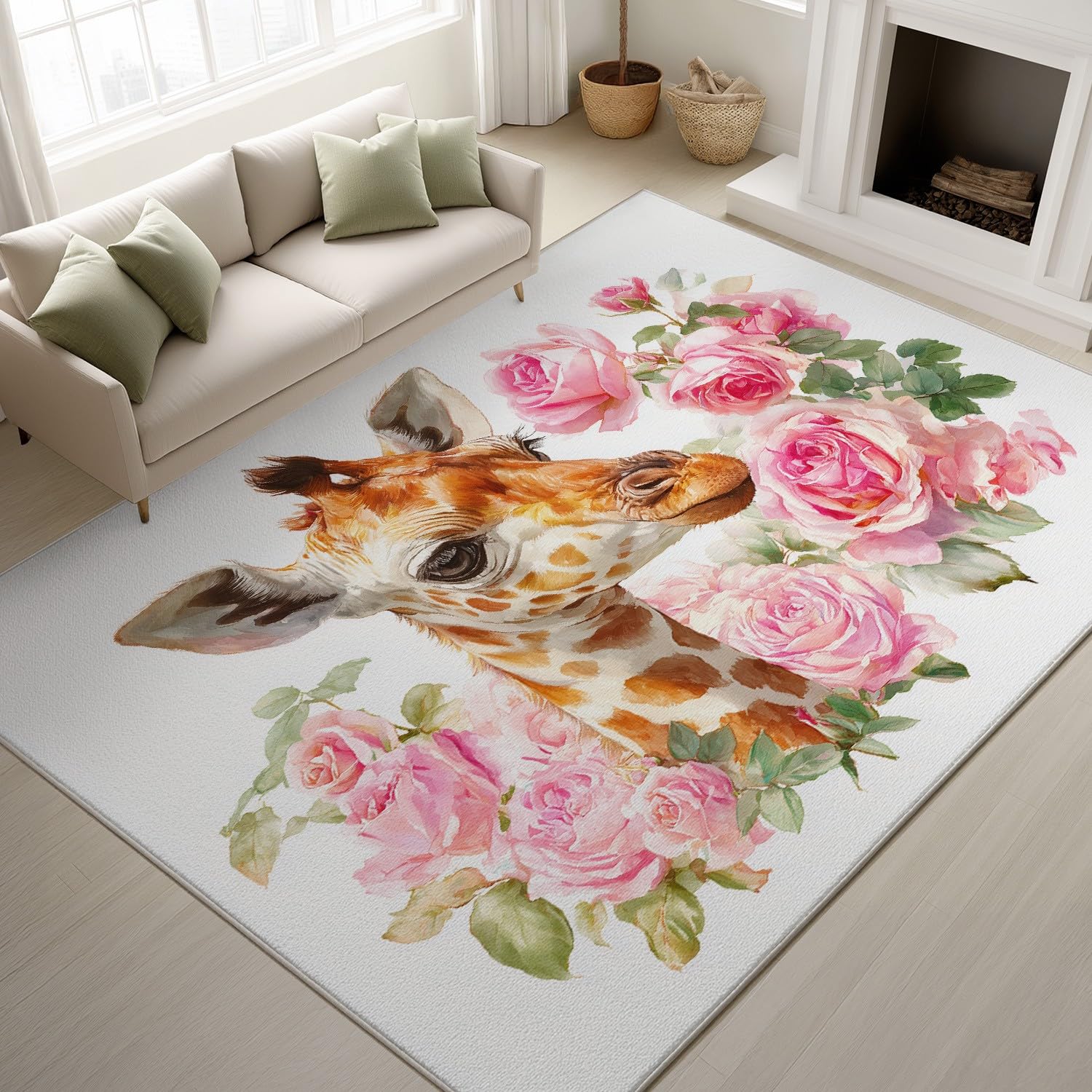 Générique Trwały Dywan Słodkie Zwierzęta Miękki Dywan Portret Kwiatowy Nie Traci Włosu Różowa Żyrafa Dywan 60 x 90 cm Przedpokój Wejście
