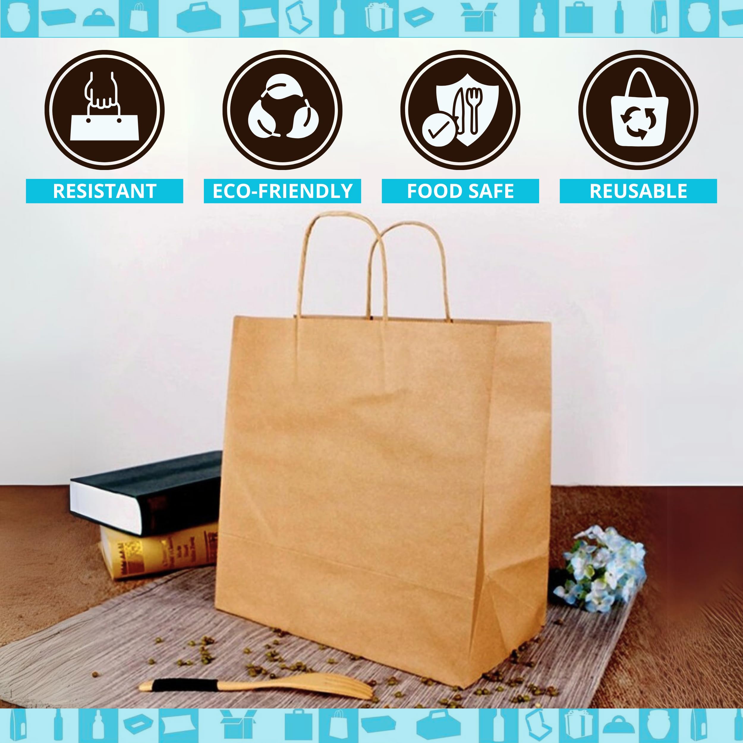 50 Sacs en Papier Kraft 34x22x38 cm avec Poignées | Sac Take Away : Sachet Alimentaire pour Emporter | Sac Cadeau pour Noël