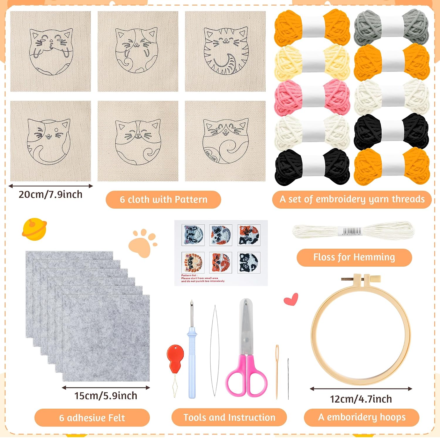 WATINC Cats Punch Needle Coaster Kit - 22Pcs Easy Art Work Decor Craft Supply for Beginners, DIY Set of 6 Puppy Pets Pattern Tufted Rug Pads with Adhesive Felt Yarns Embroidery Hoop Tools Instruction