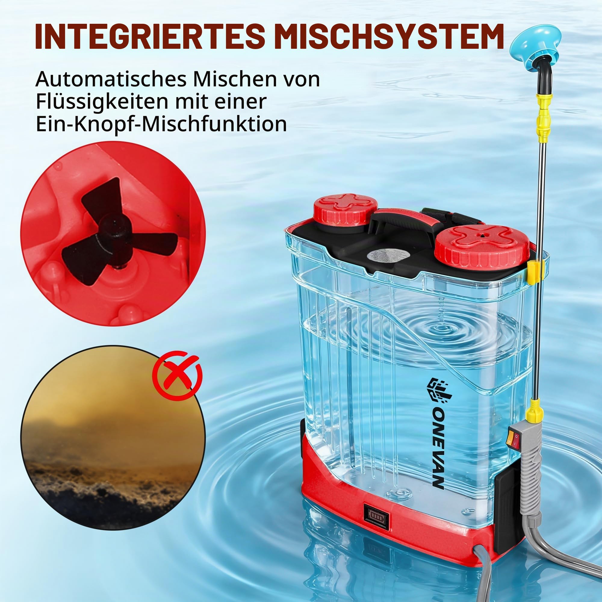 ONEVAN Akku Drucksprüher 20L Rührfunktion mit 2x3,0Ah Akkus & 5 Düsen | 100 PSI Druckregelung, 41" ausziehbare Teleskopstange, Für 20 Tanks, Garten, Integriertes Rührsystem für optimale Mischung