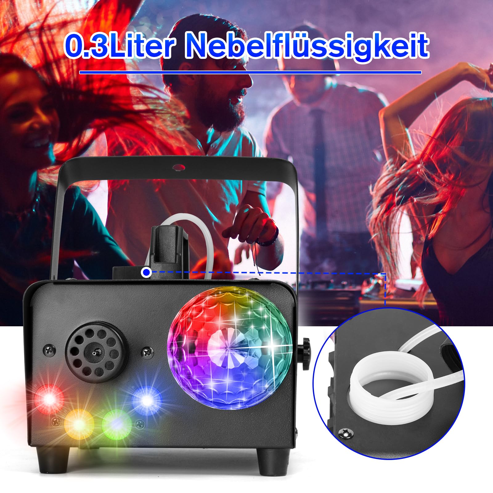 800W Máquina de humo con bola de discoteca LED RGB controlada por música, 4 luces LED RGB, mini máquina de humo con mando a distancia inalámbrico para DJ, discoteca, Halloween, bodas