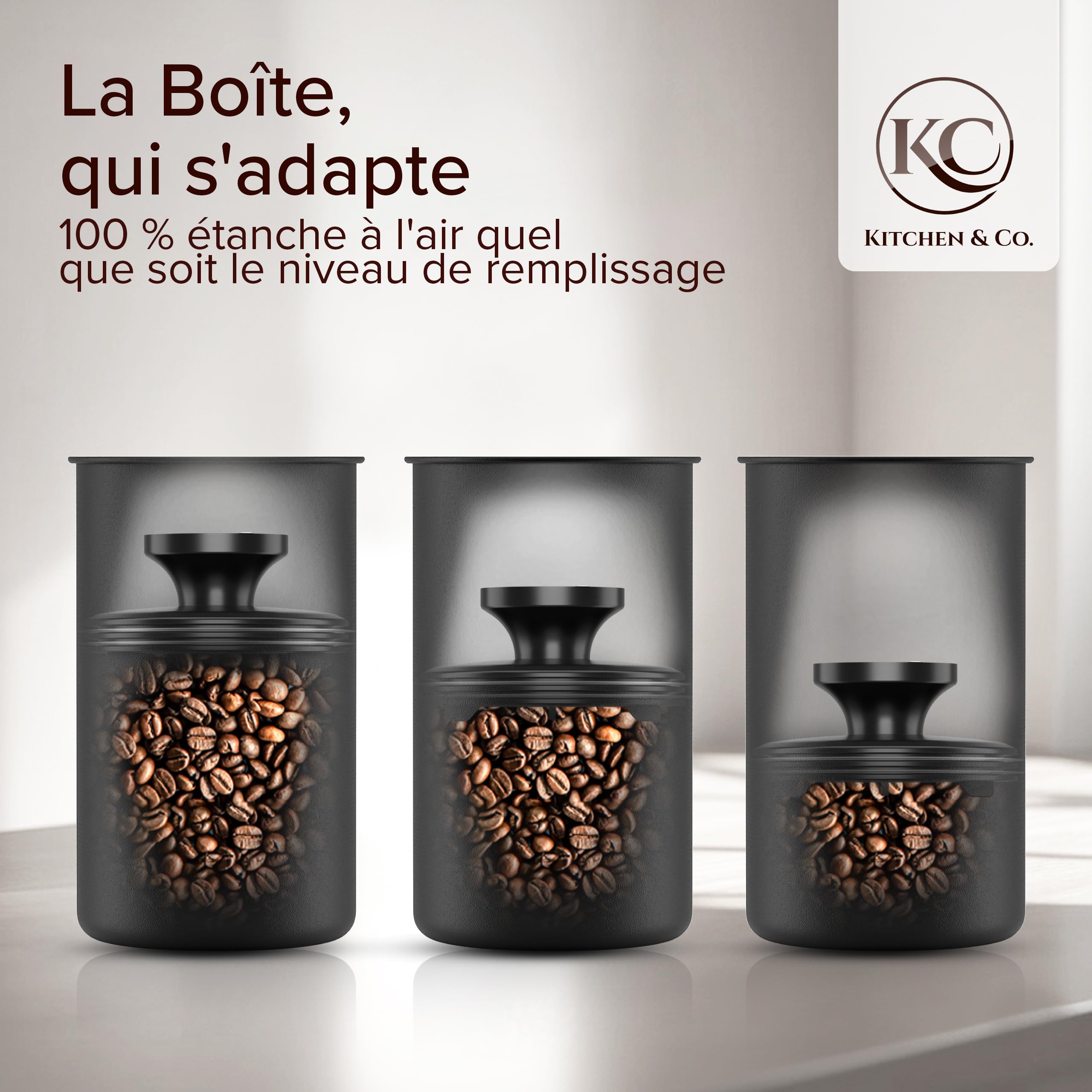 KC Kitchen & Co. Boîte à café hermétique pour 500 g de grains de café, en acier inoxydable, avec couvercle sous vide et fermeture aromatique, boîte de rangement pour café, thé, sucre, céréales, noir