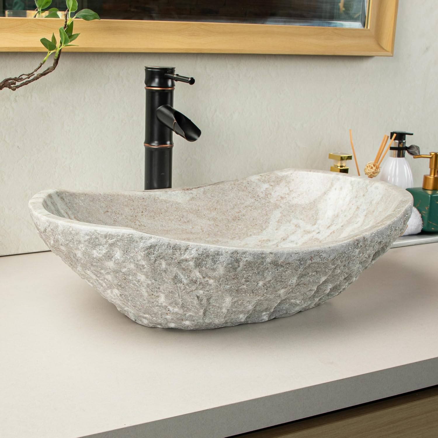 Generic Chiseled Stone Bathroom Vessel Sink - Oval Canoe Shape - 100% Natural Marble, Hand Carved Stone Vessel Sink ，Bathroom Sinks Above Counter ，Farmhouse Bathroom Sink, 14*19.5*6in, White